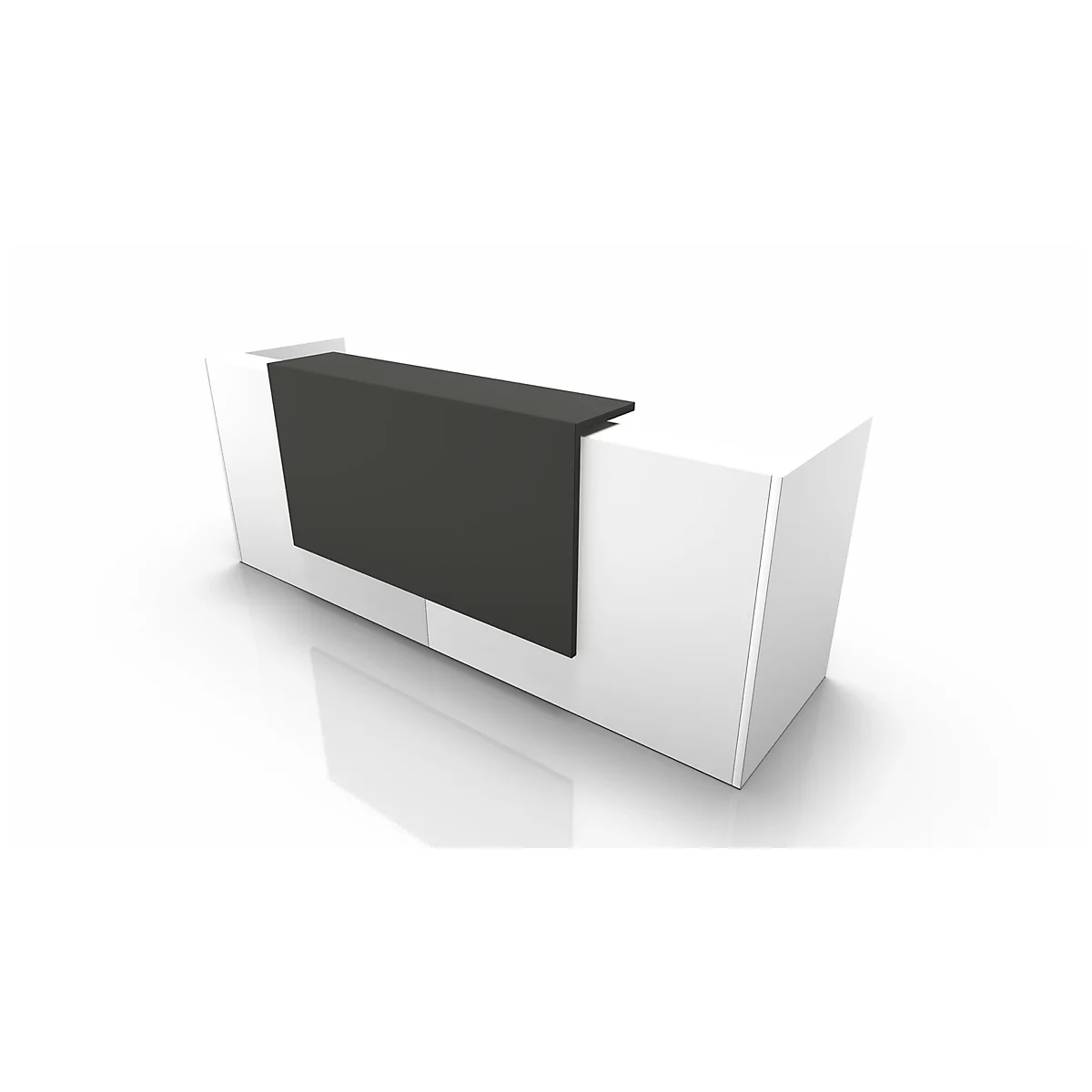 White reception desk with black top, on a white background. The surface is glossy.