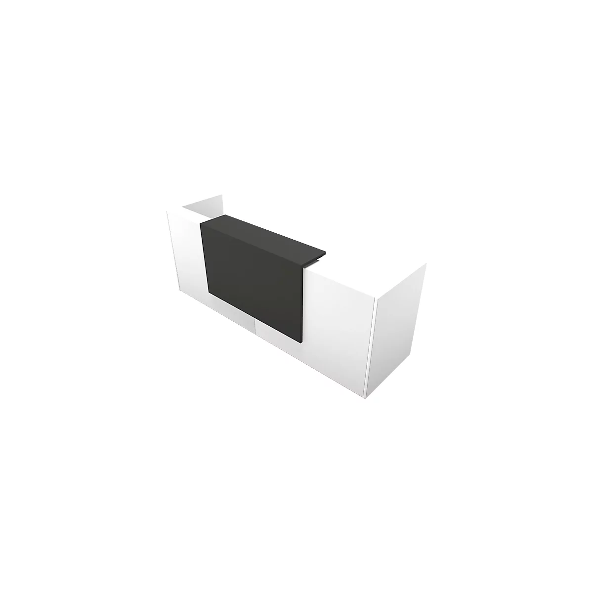White reception desk with black front panel.