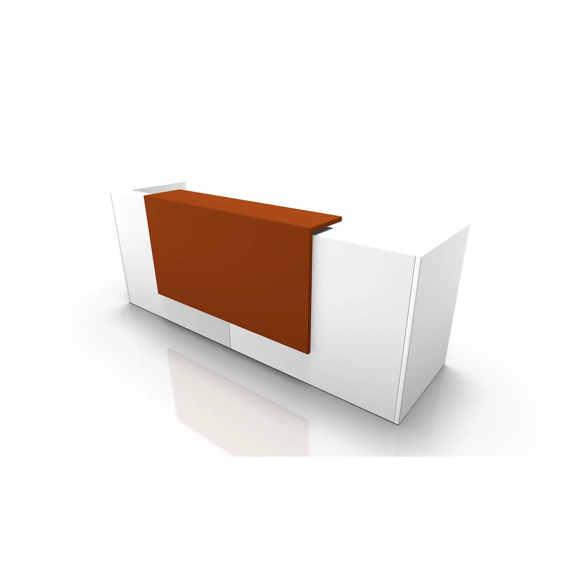 White reception desk with a brown front panel. The desk stands in front of a light background.