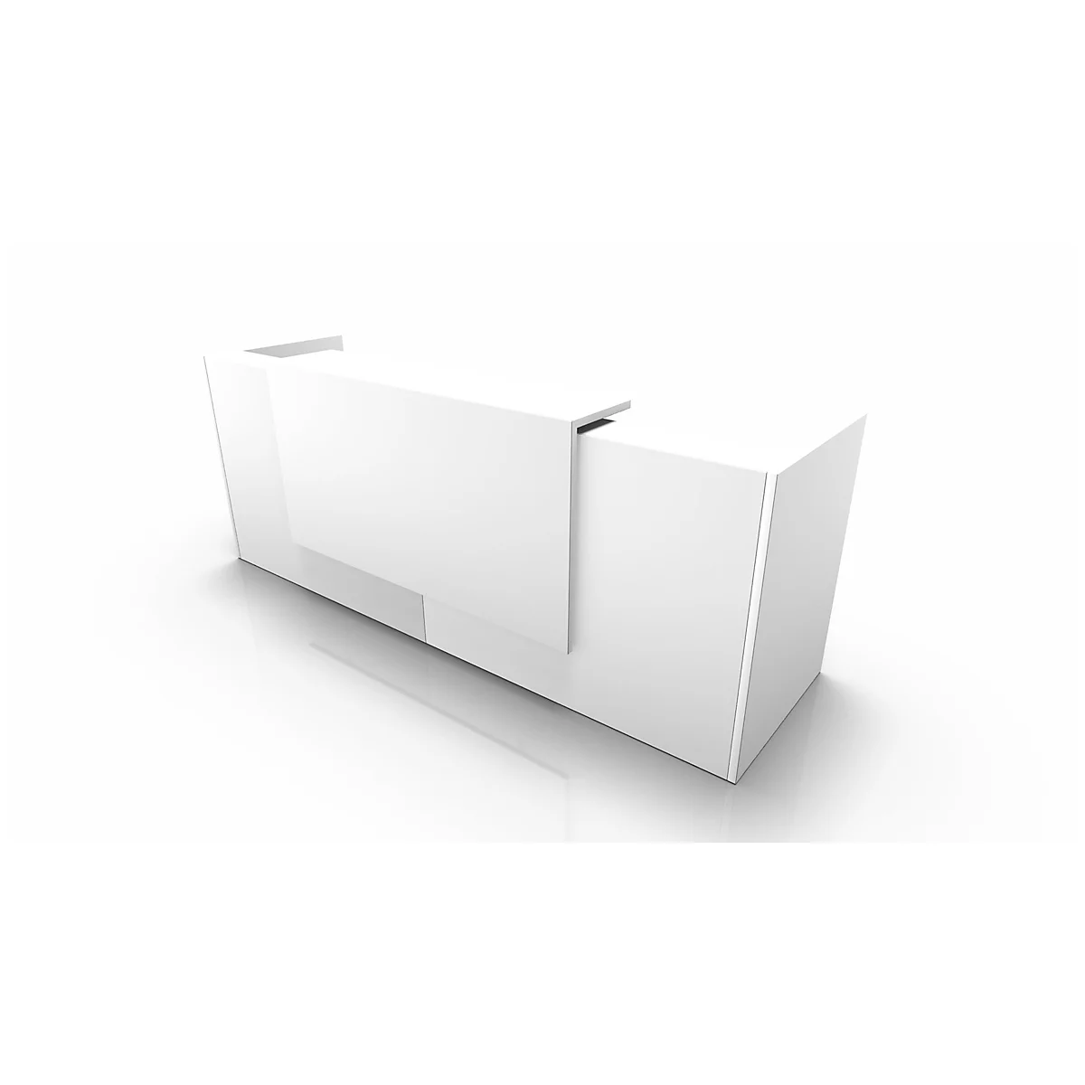 White reception desk with slanted lines. The surface is smooth and reflective. Clear, modern design.