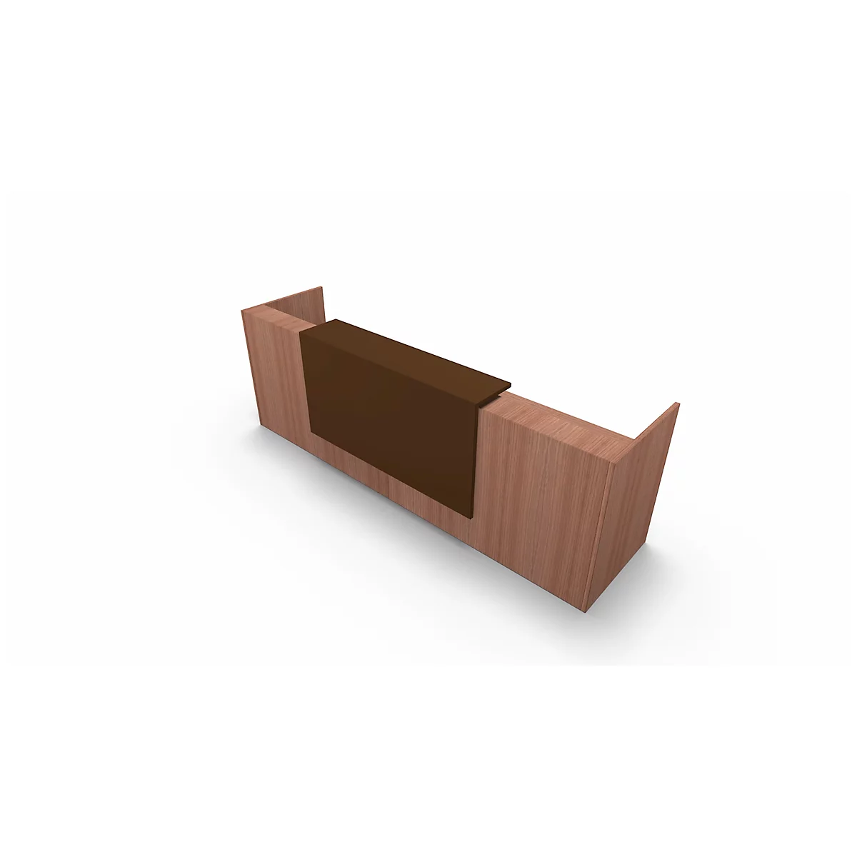 Wooden counter in shades of brown with a darker counter top. It stands against a white background.