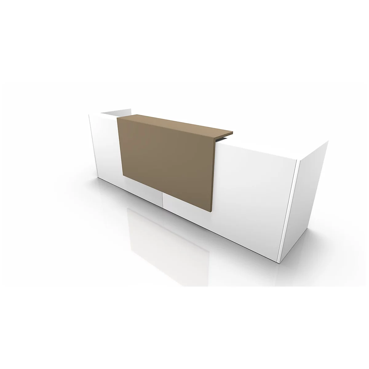 A white reception desk with a brown, slightly overhanging front. The counter stands on a white background.