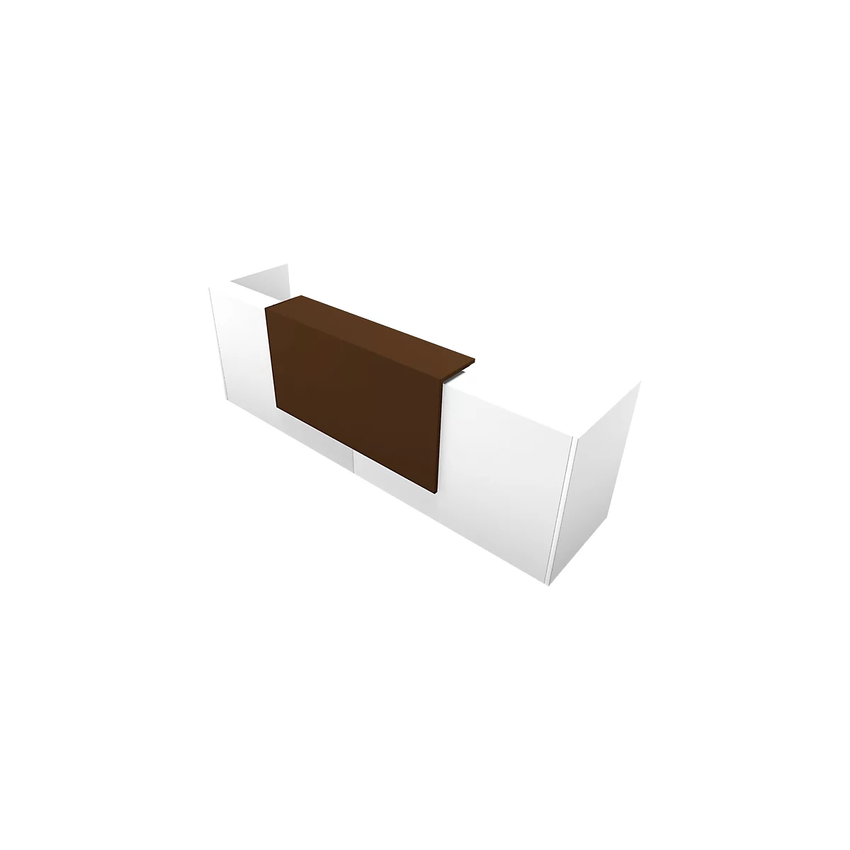 White reception desk with brown counter top. Perspective view.