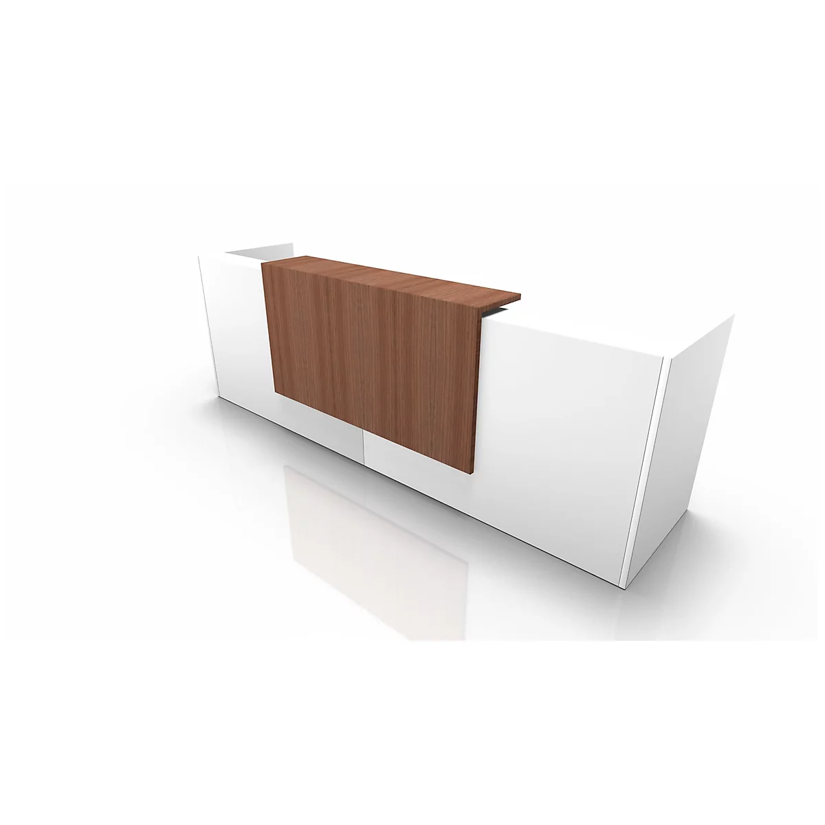 White reception desk with brown wood paneling. It stands against a bright background.