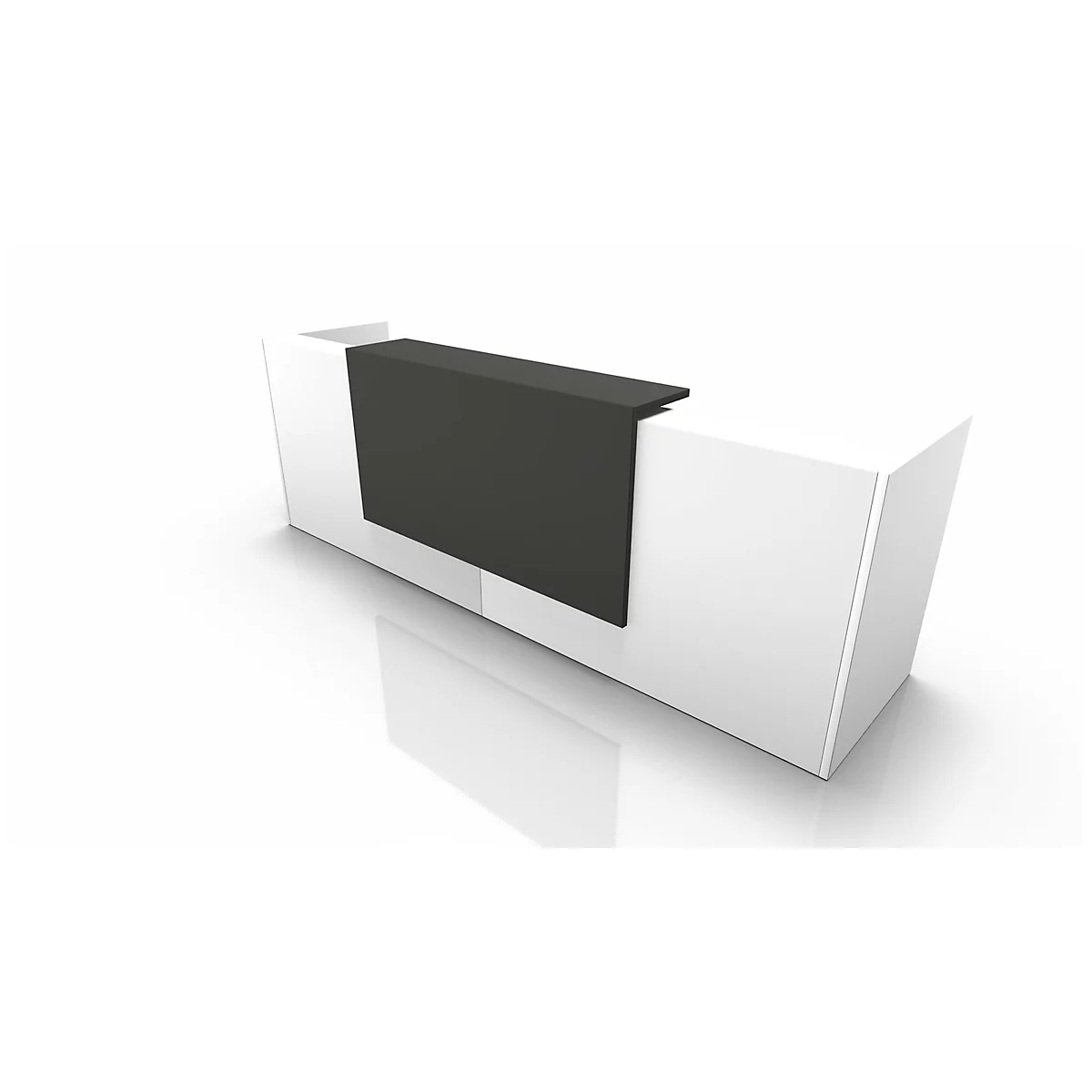 White reception desk with a black front, slightly angled, with reflection on a white background.
