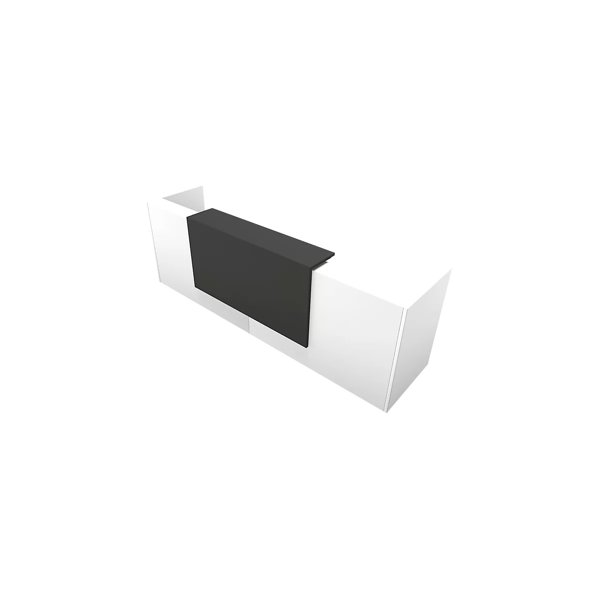 White reception desk with black trim. Perspective view, slightly from above.