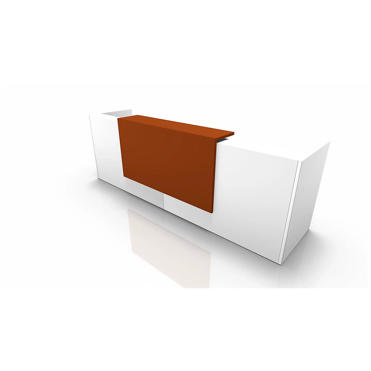 A modern reception desk, white with a brown accent.