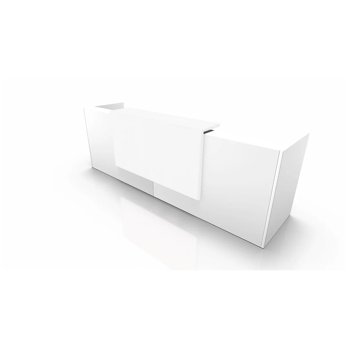 White reception desk with minimalist design against a white background.
