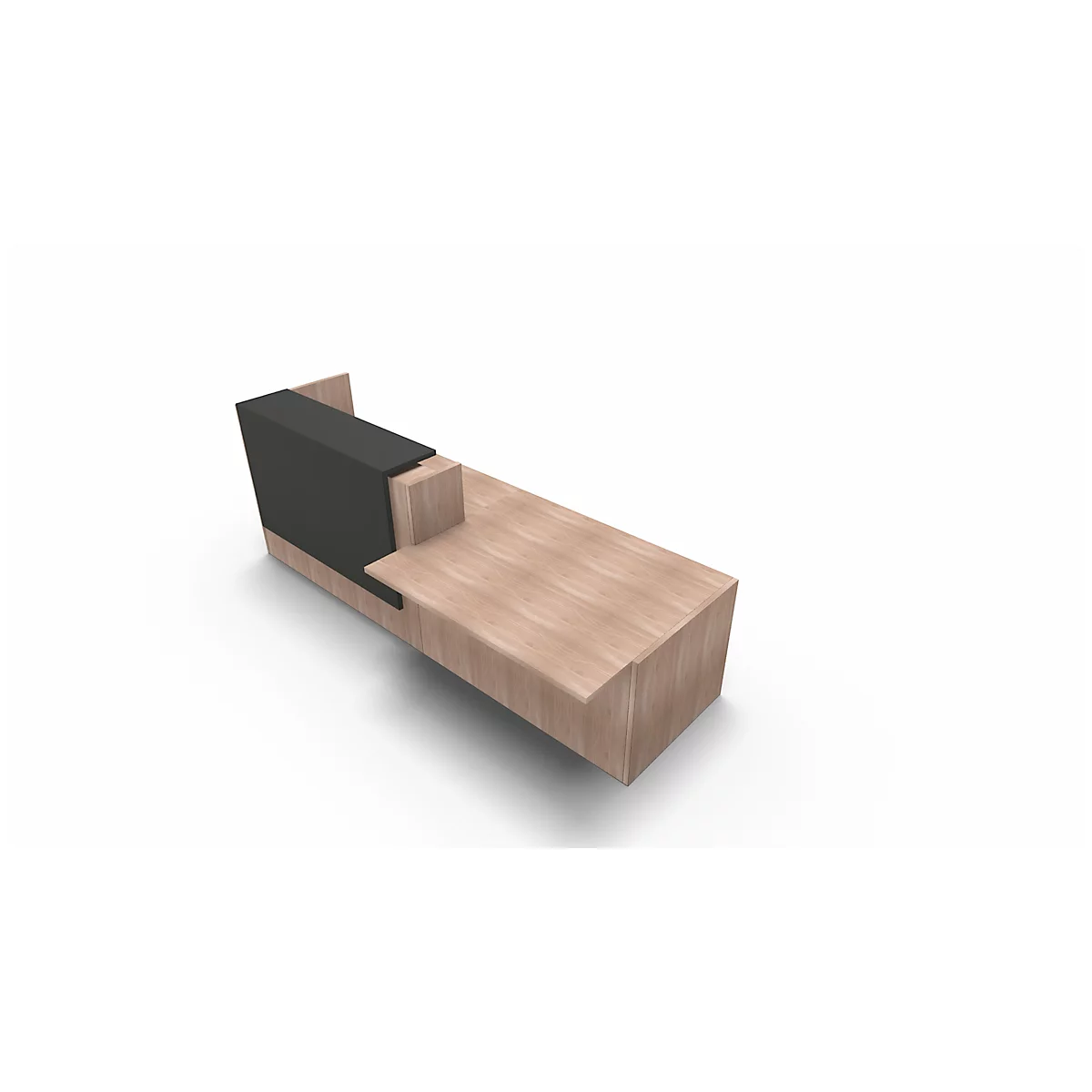 A rendering of a bench with a wood look with a black accent.