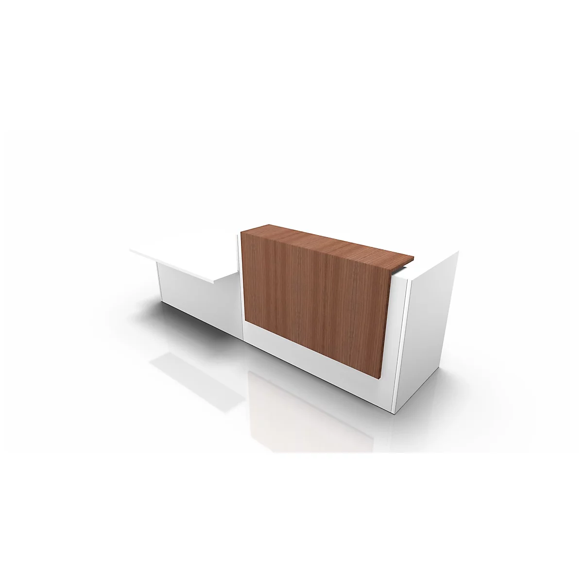 White reception desk with brown wooden front.