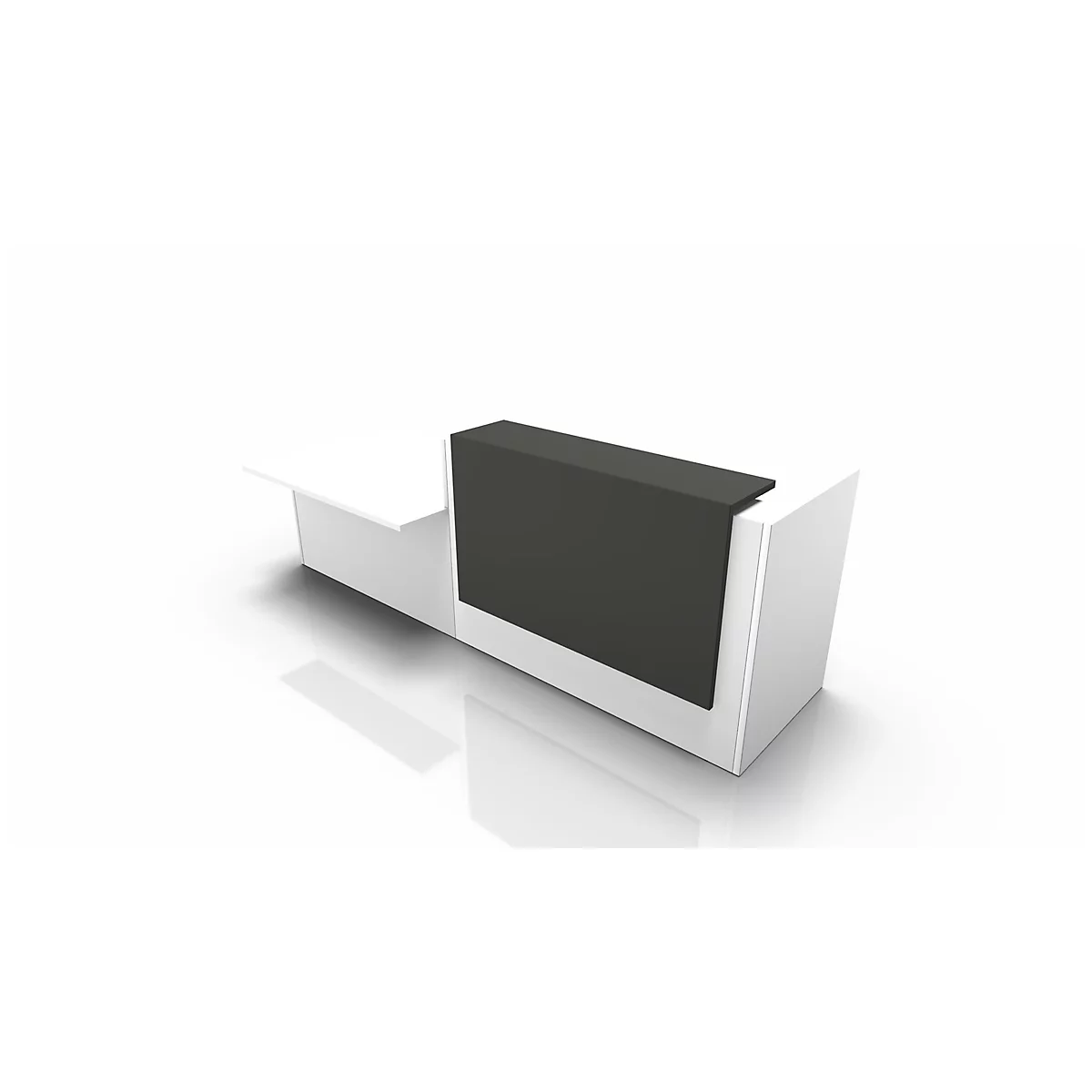 White reception desk with black front, against a white background.