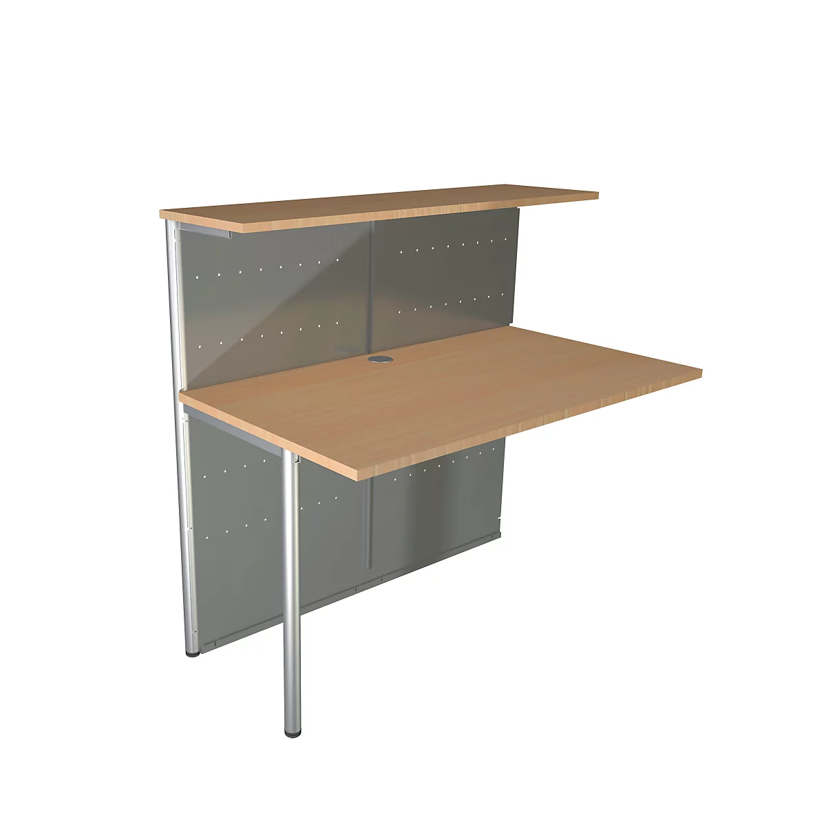 A modern desk with gray panels, a light wood top, and a shelf.