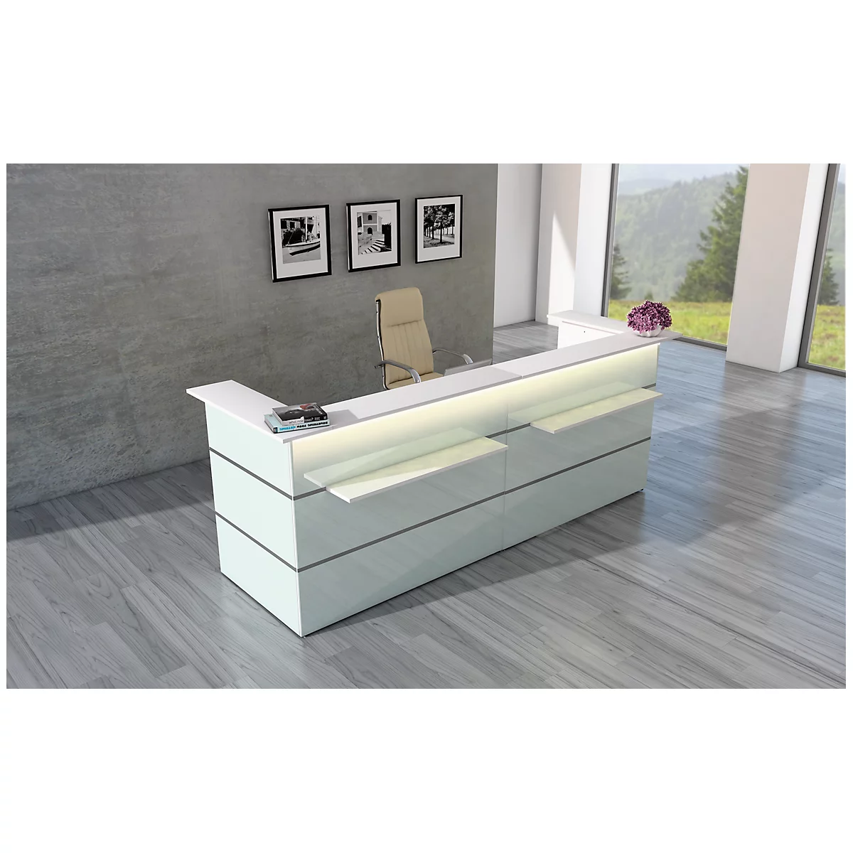 Modern white reception desk, a chair and three pictures behind it. In the background is a window with a view.