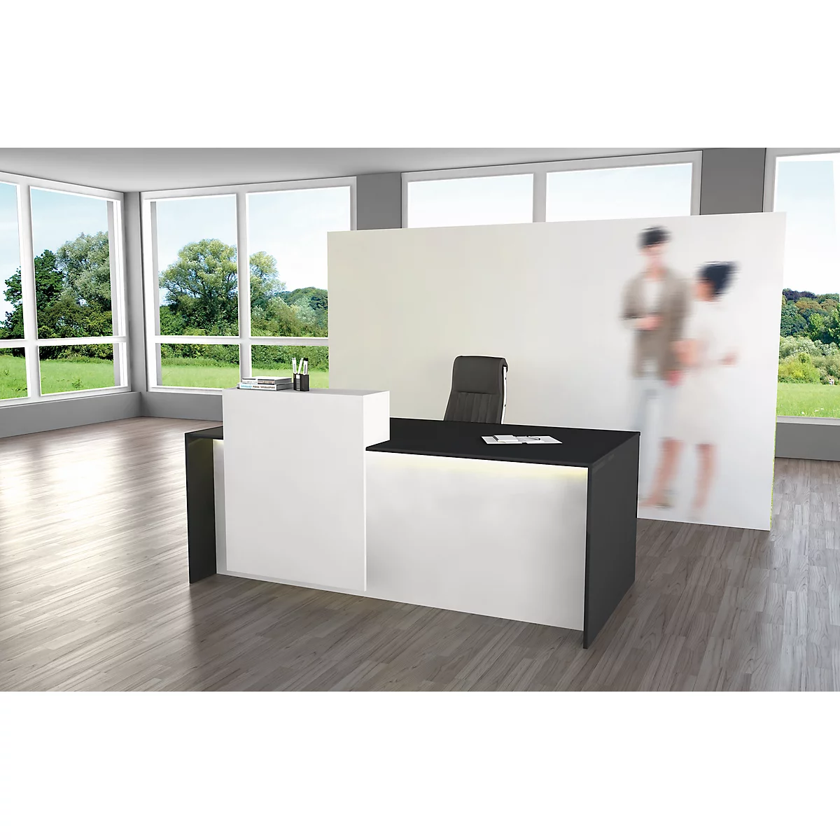 Modern reception desk in white and black. Blurred people in the background.