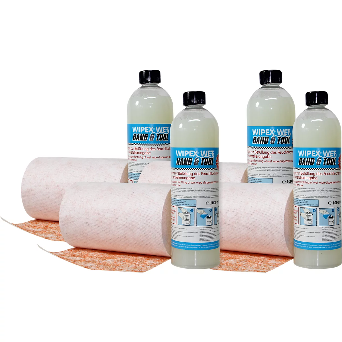 Recharge de lingettes humides WIPEX Hand and Tool, 4 rouleaux de 120 lingettes, 4 nettoyants de 1000 ml chacun