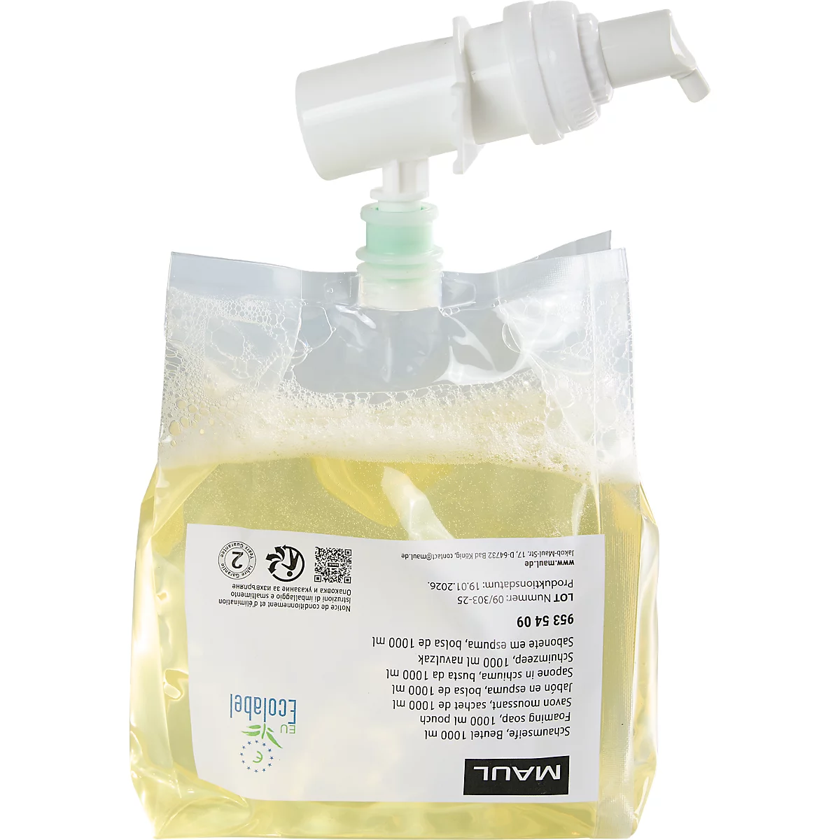 Sac de savon avec distributeur. Le distributeur est blanc et fixé au sac de savon, qui est transparent et rempli de savon jaune. Texte en différentes langues sur l'étiquette.