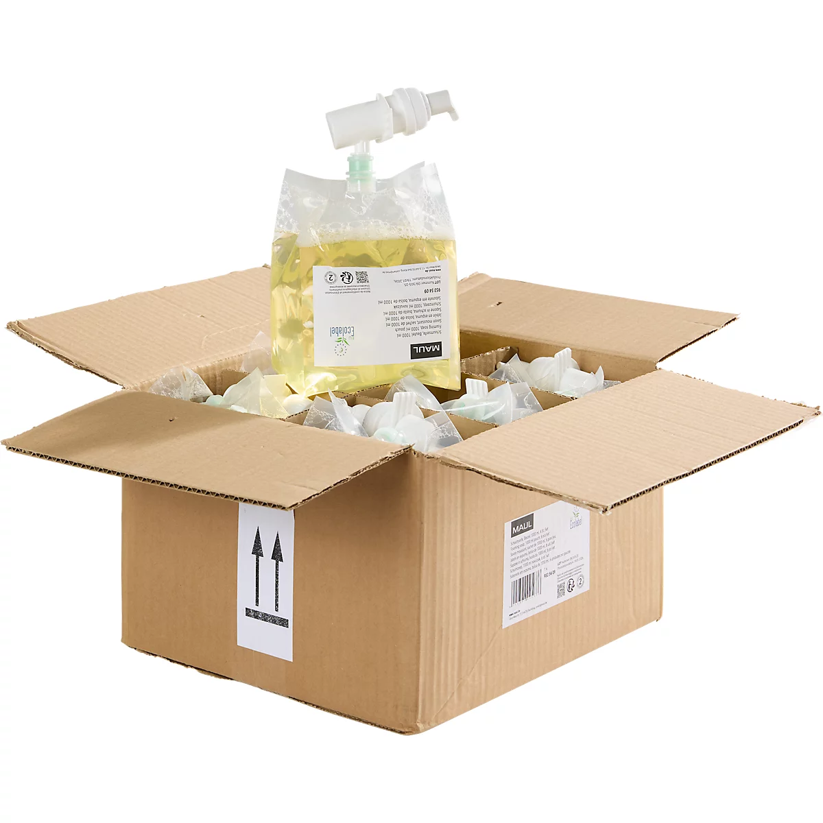 Une boîte en carton ouverte contenant du savon liquide et du matériel d'emballage. Un distributeur est monté sur le savon.