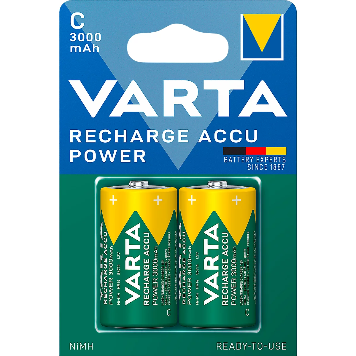 Two VARTA Recharge Accu Power batteries in packaging. Green, yellow, white, lettering, plus signs.