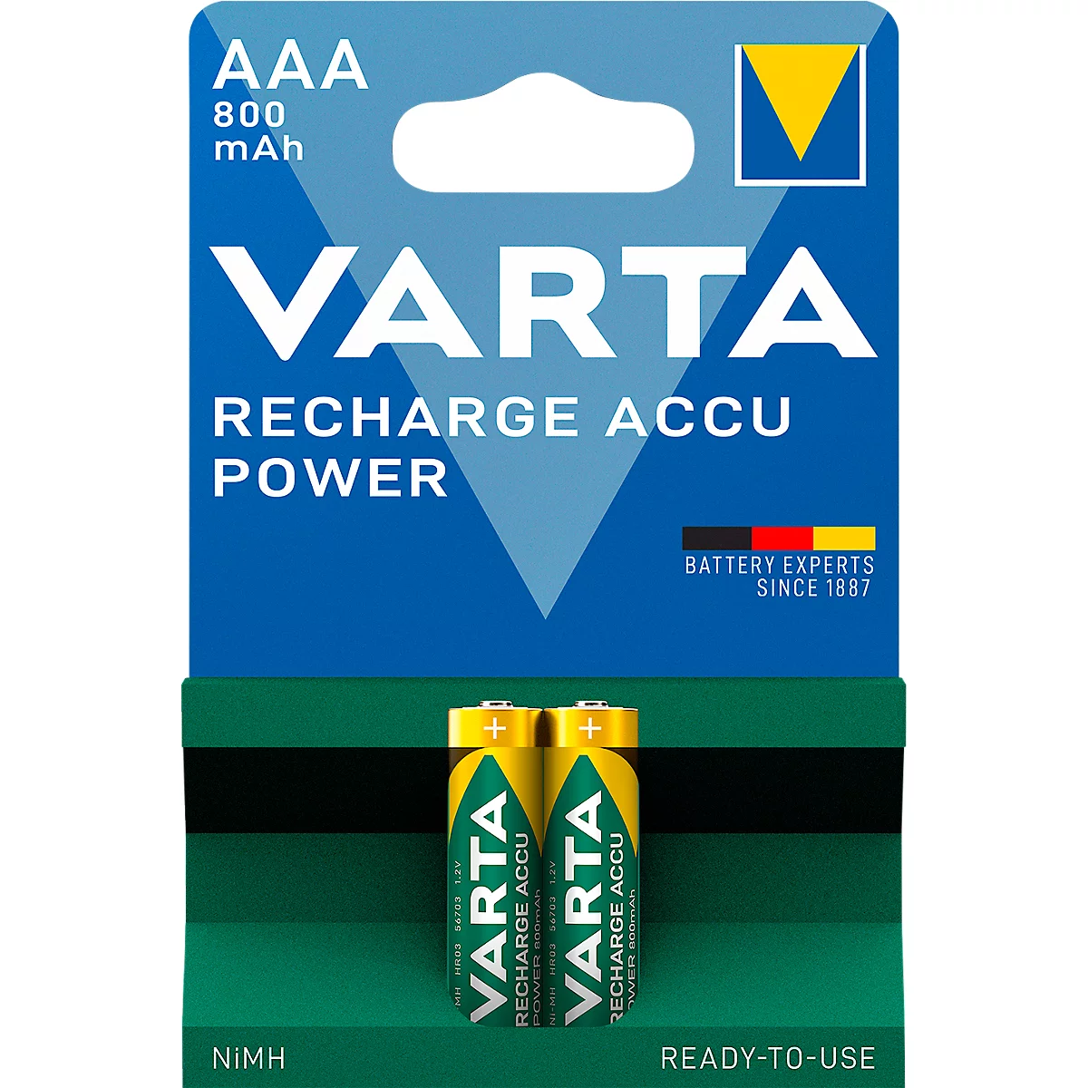 Two yellow-green VARTA rechargeable batteries with packaging. Inscription: VARTA Recharge Accu Power.