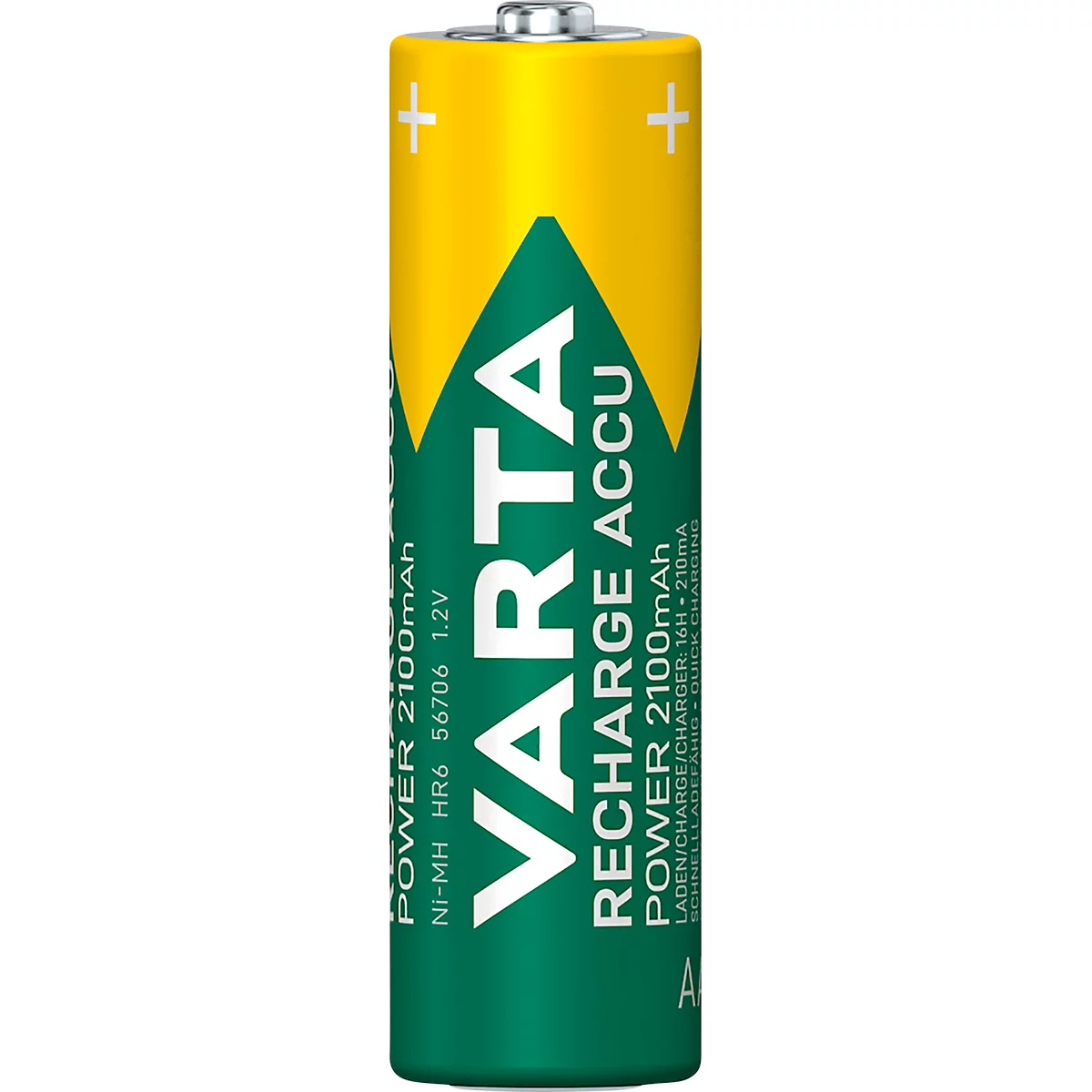 A green and yellow Varta Recharge Accu battery with text. The battery says "Varta Recharge Accu" and "Power 2100mAh".