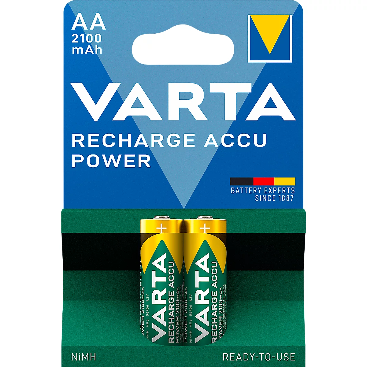 Two Varta AA batteries. Blue packaging with white lettering, yellow batteries.