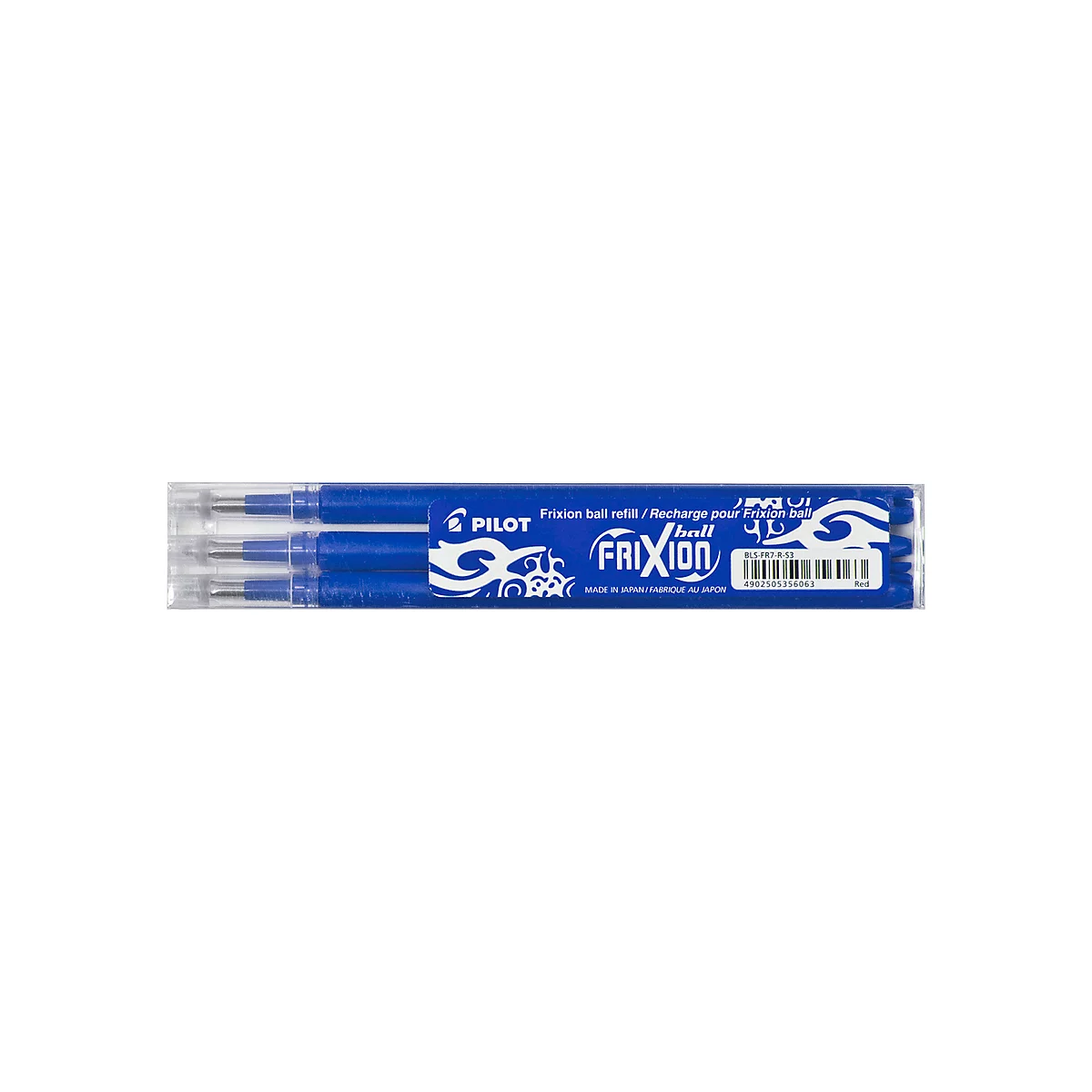 Paquet transparent contenant trois recharges de stylos Pilot FriXion bleus. Le mot FriXion est clairement visible.