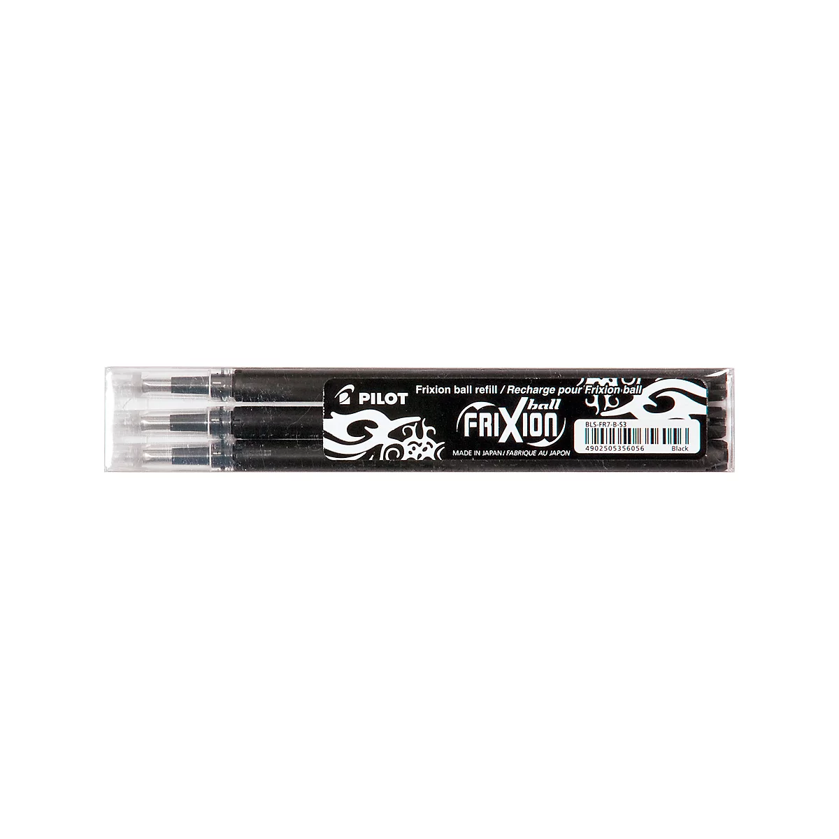Trois recharges de stylos Pilot FriXion noirs dans un emballage transparent. Imprimé: "FriXion ball refill".