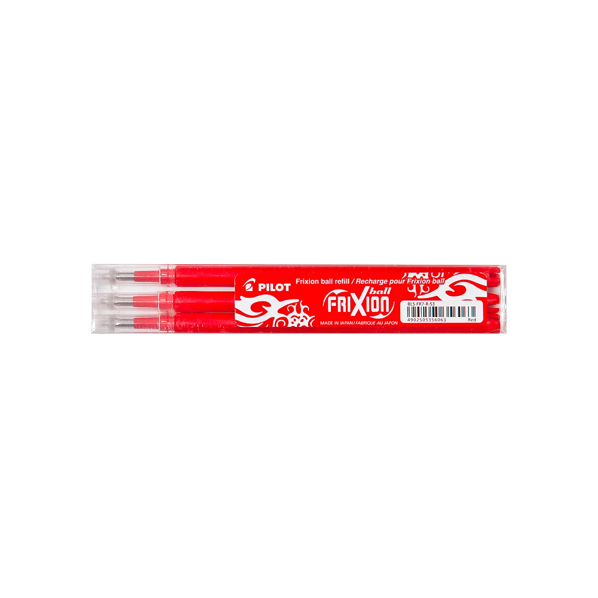Trois recharges de stylos à bille rouges dans un emballage transparent. Imprimé : Pilot Frixion, et du texte.
