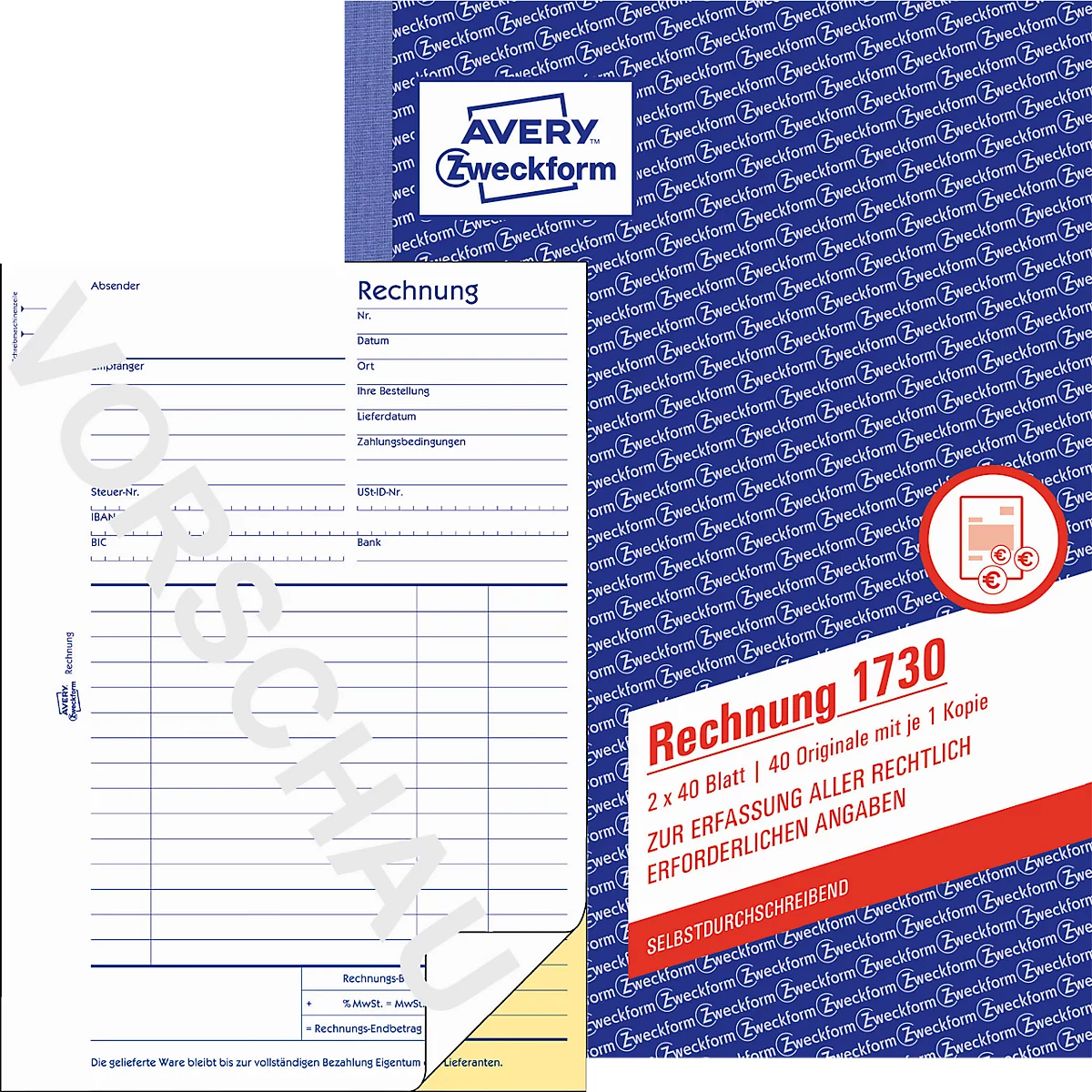Rechnung Avery Zweckform 1730-5, Format A5, 5 Bücher mit jeweils 2 x 40 Blatt, FSC®-Papier, weiß/gelb