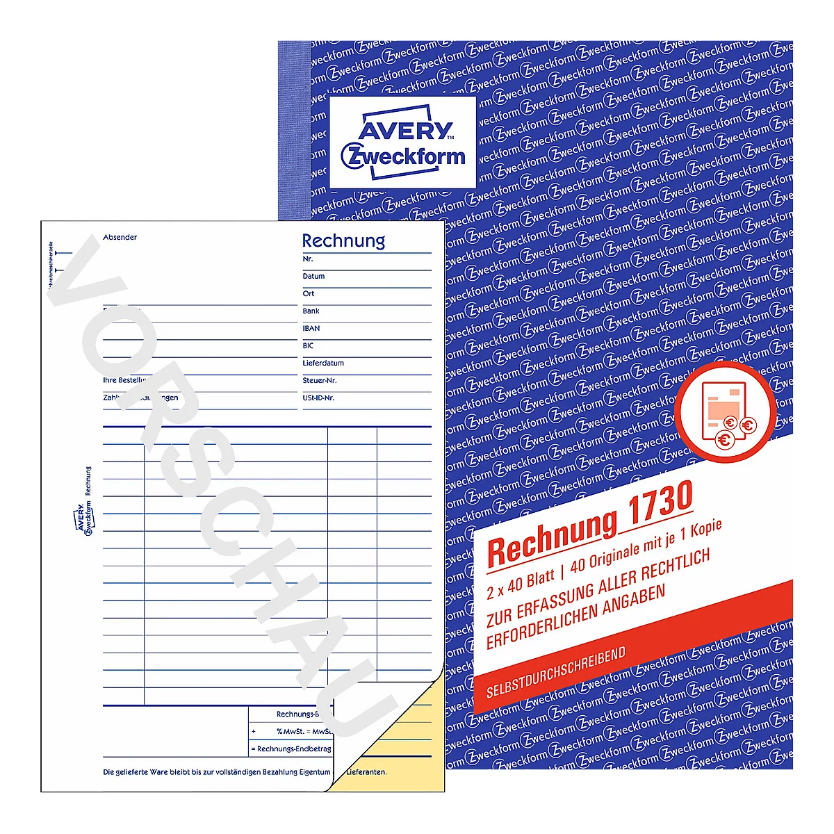 Rechnung Avery Zweckform 1730, Format A5, 1 Buch mit 2 x 40 Blatt, FSC®-Papier, weiß/gelb
