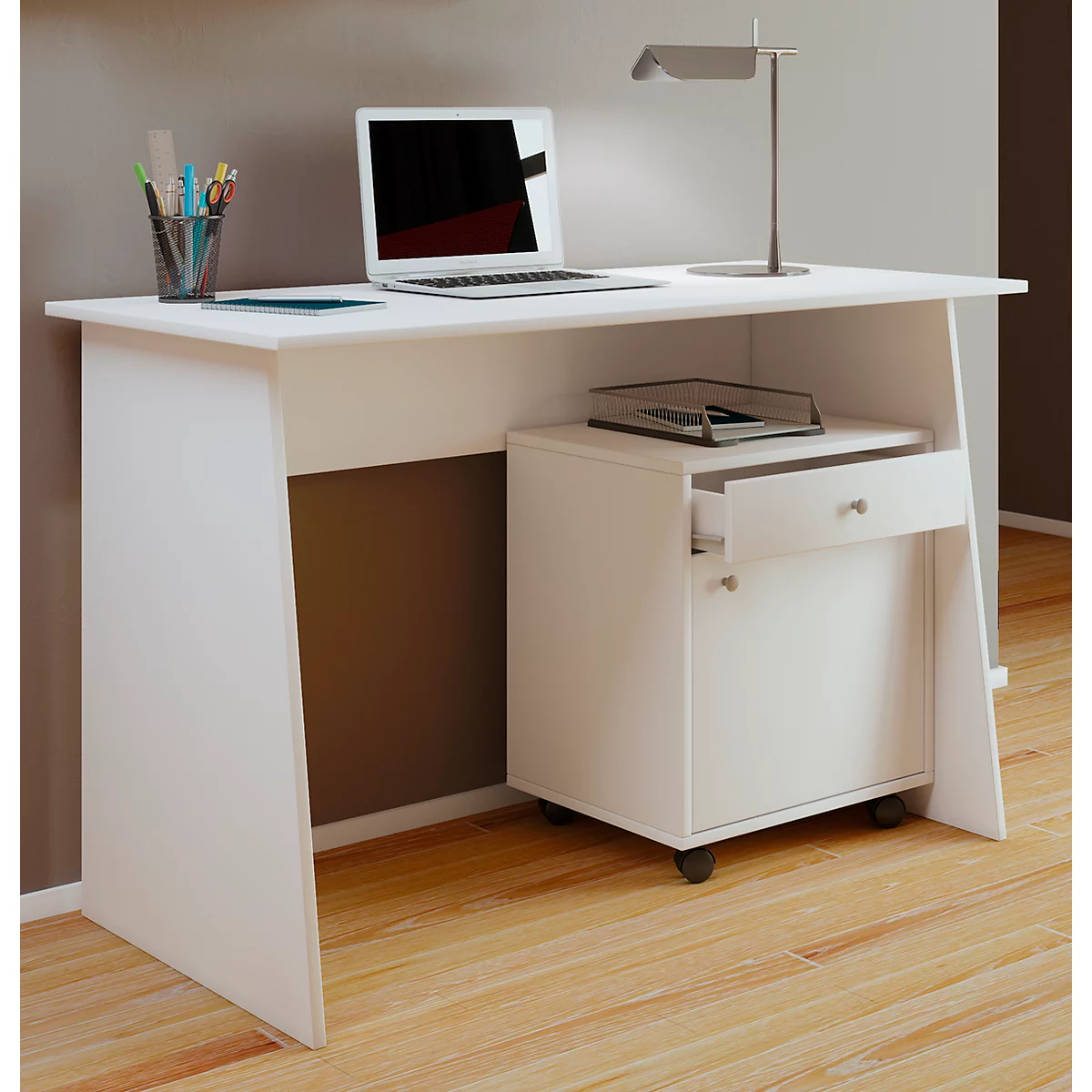 Rechthoekige bureautafel, afgeschuinde zijpanelen, B 1100 x D 500 x H 740 mm, wit