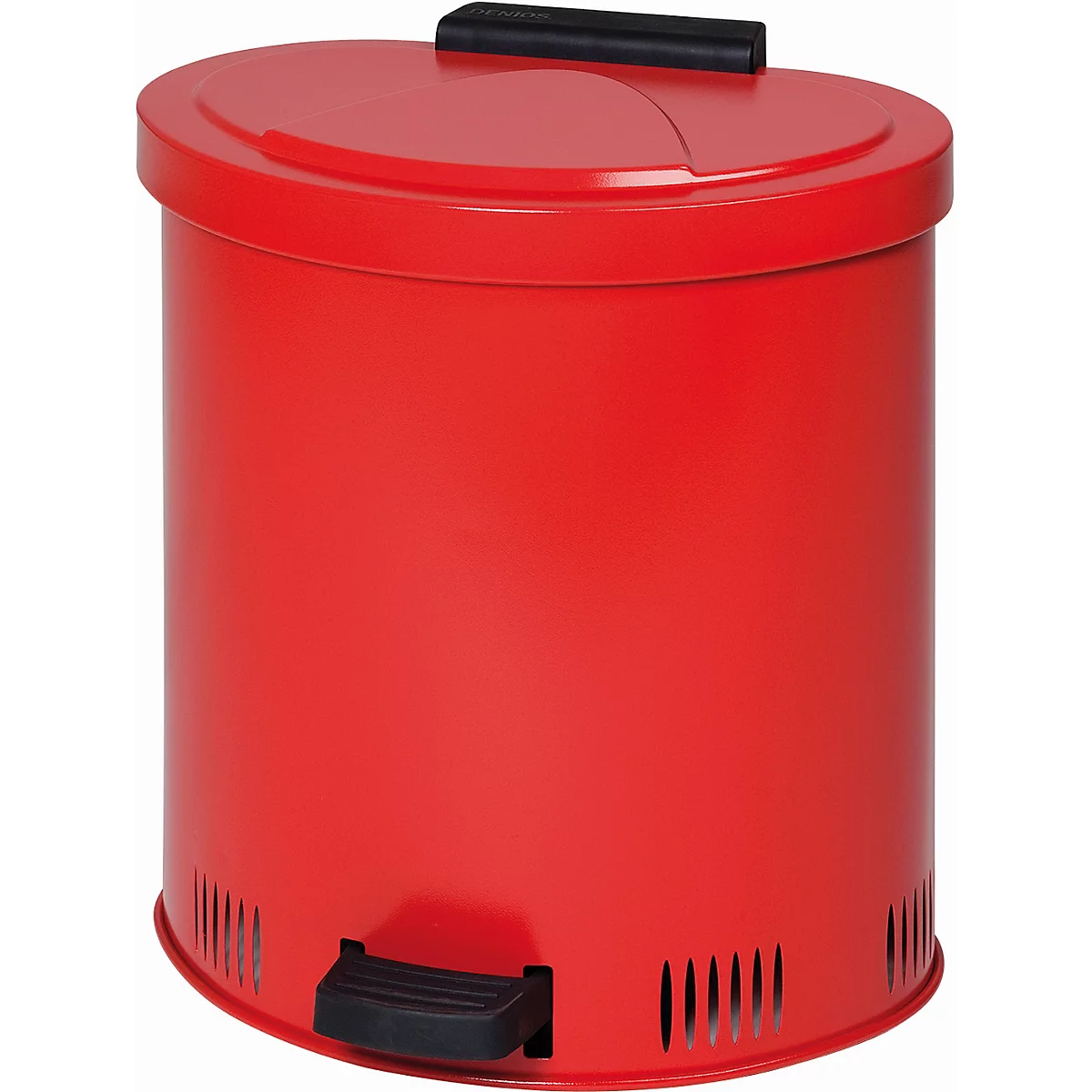 Récipient d'élimination, en tôle d'acier, rouge, 50 l, L 505 x P 495 x H 540 mm, couvercle à charnière avec pédale, ouvertures d'aération dans le rebord du fond