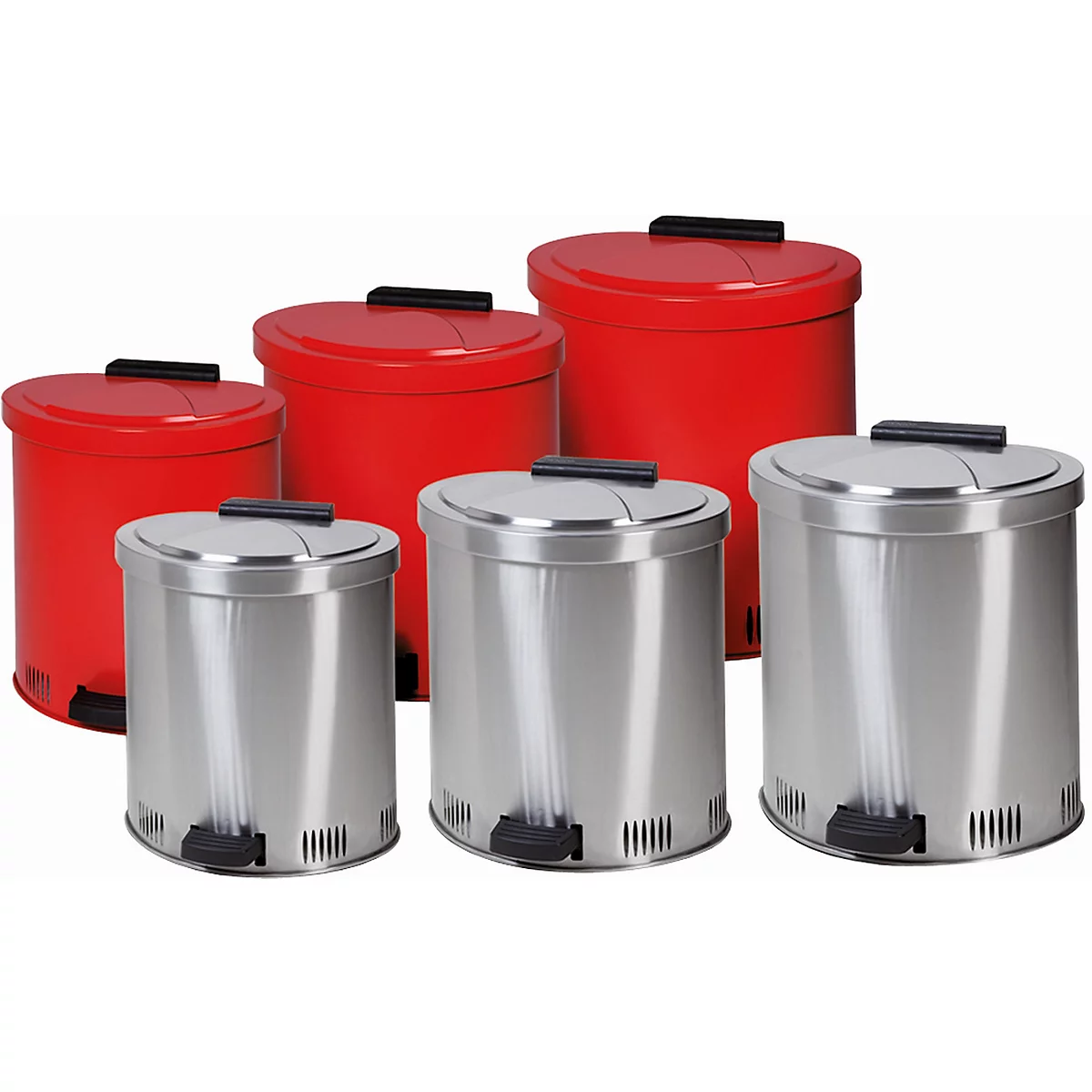 Récipient d'élimination, en tôle d'acier, rouge, 65 l, L 545 x P 553 x H 580 mm, couvercle à charnière avec pédale, ouvertures d'aération dans le rebord du fond