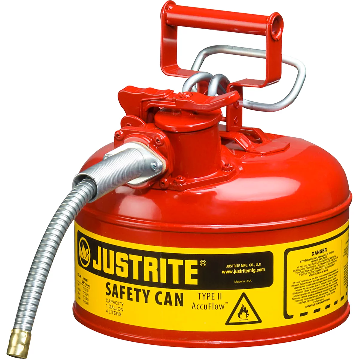 Bidon de sécurité rouge avec étiquette jaune. La poignée est en acier, le bec est flexible.