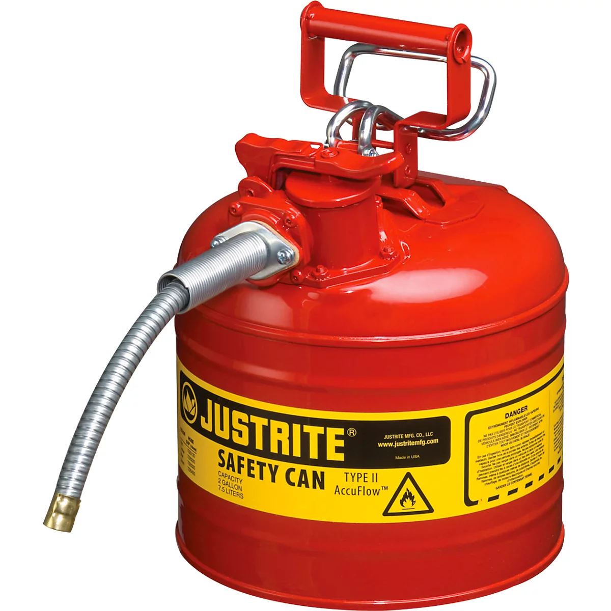 Bidon de sécurité Justrite rouge avec étiquette jaune et bec verseur métallique.
