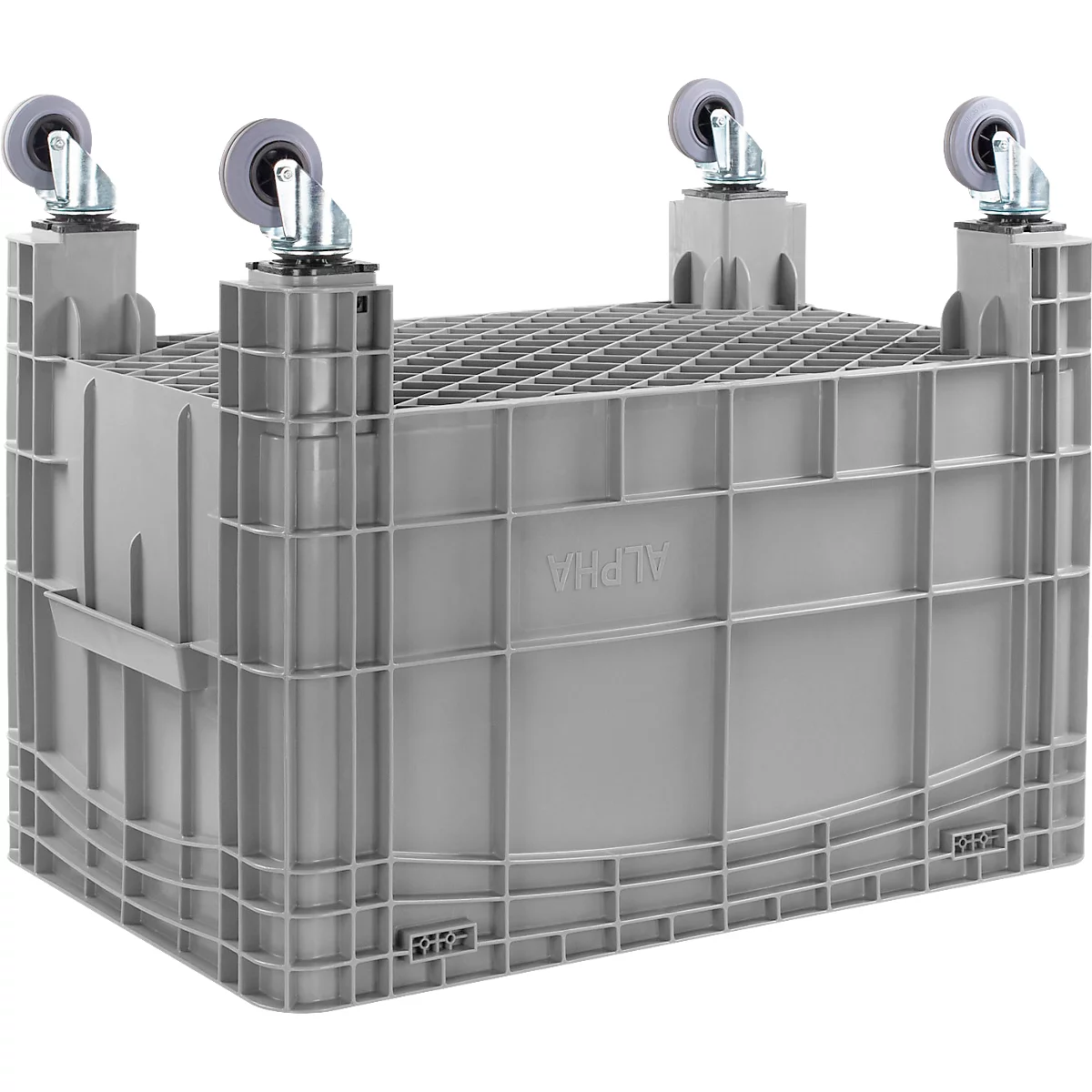 Caja de plástico gris con ruedas, se ve la inscripción ALPHA.
