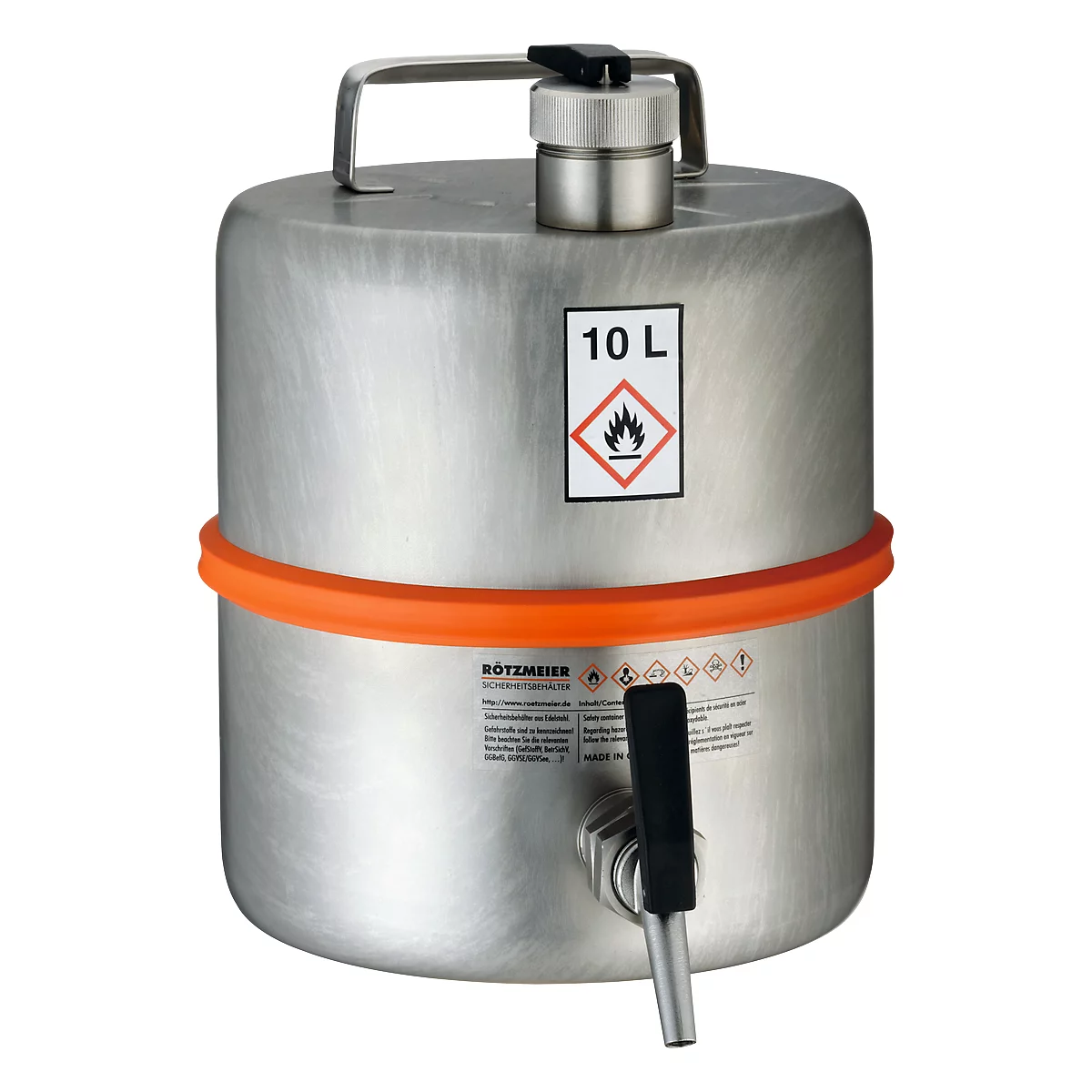 Recipiente vertical de seguridad, de acero inoxidable, espita, 10 l, ø 260 x Al 350 mm