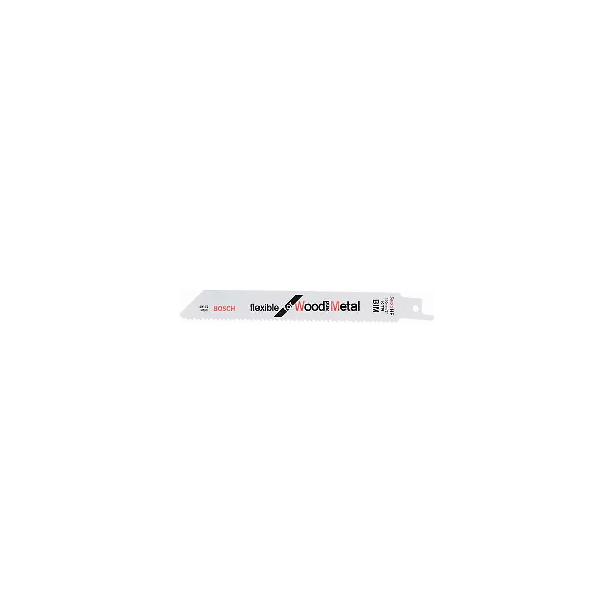 Zaagblad voor hout en metaal, wit met zwarte letters en een gekartelde snijkant.