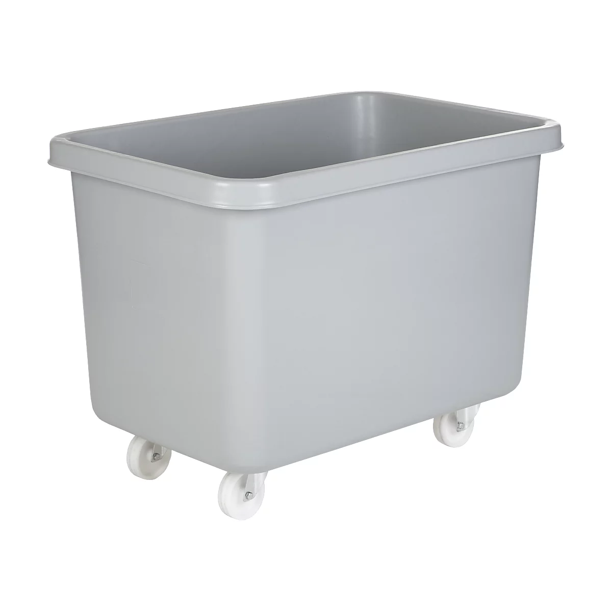 Grey transport box on wheels. Rectangular shape with rounded corners and a slightly raised edge.
