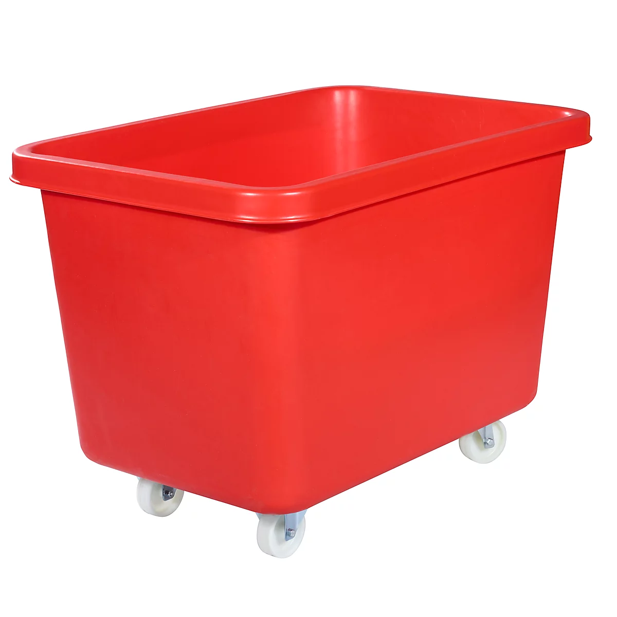 Red plastic box with wheels on a white background.