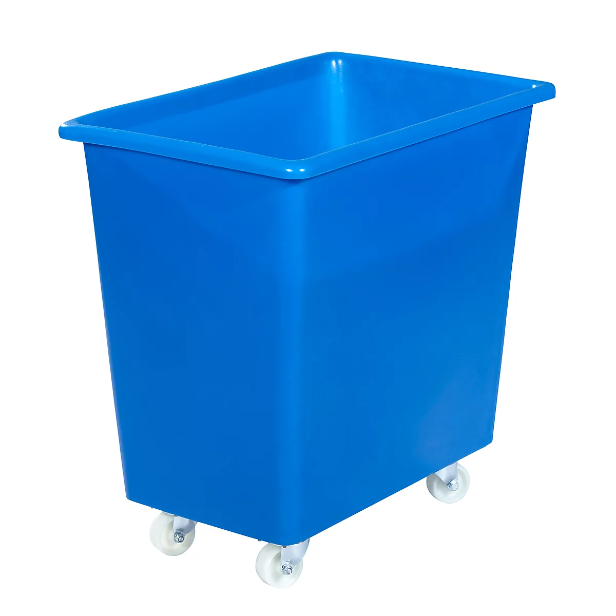 Blue transport container with wheels.