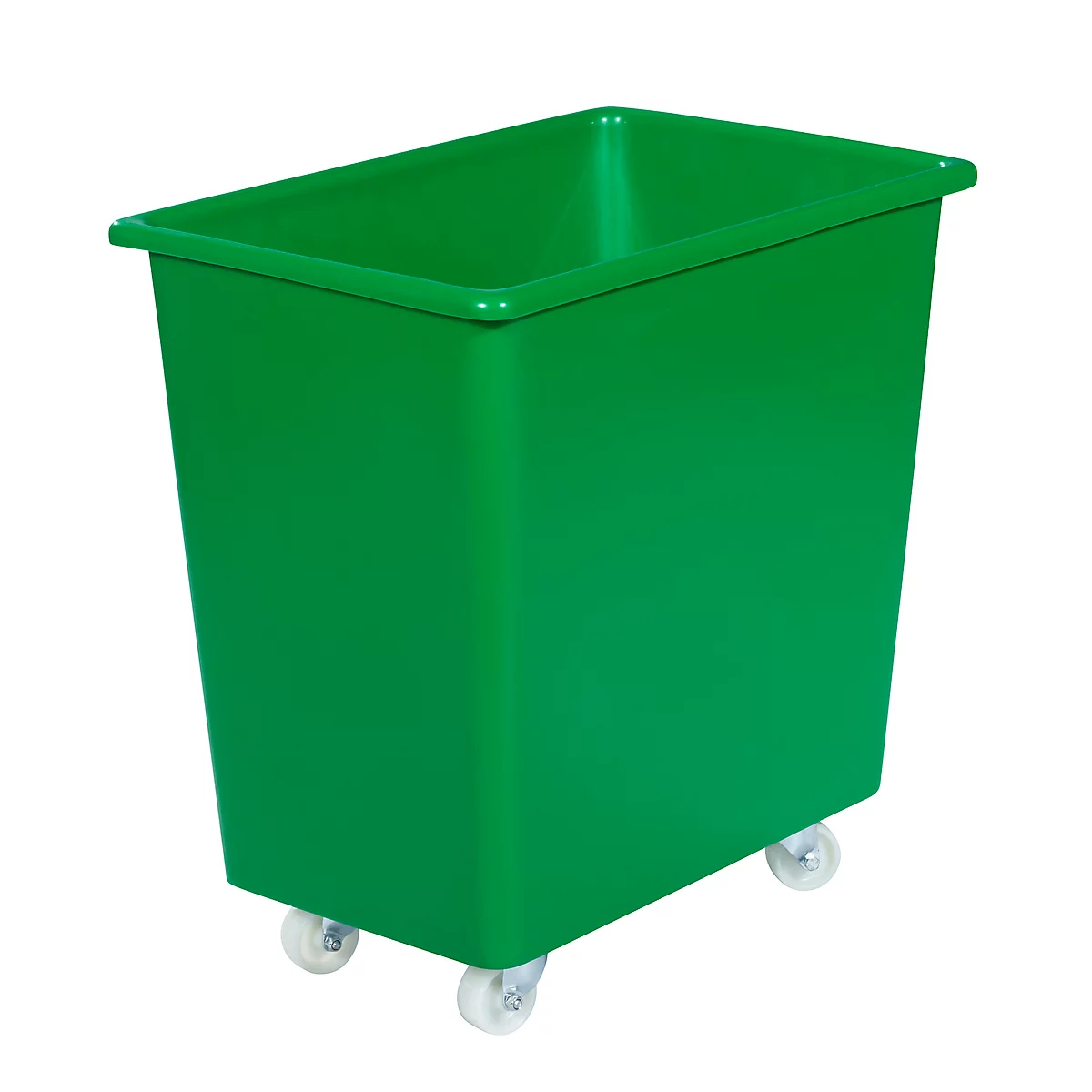 Green transport box on wheels, rectangular.