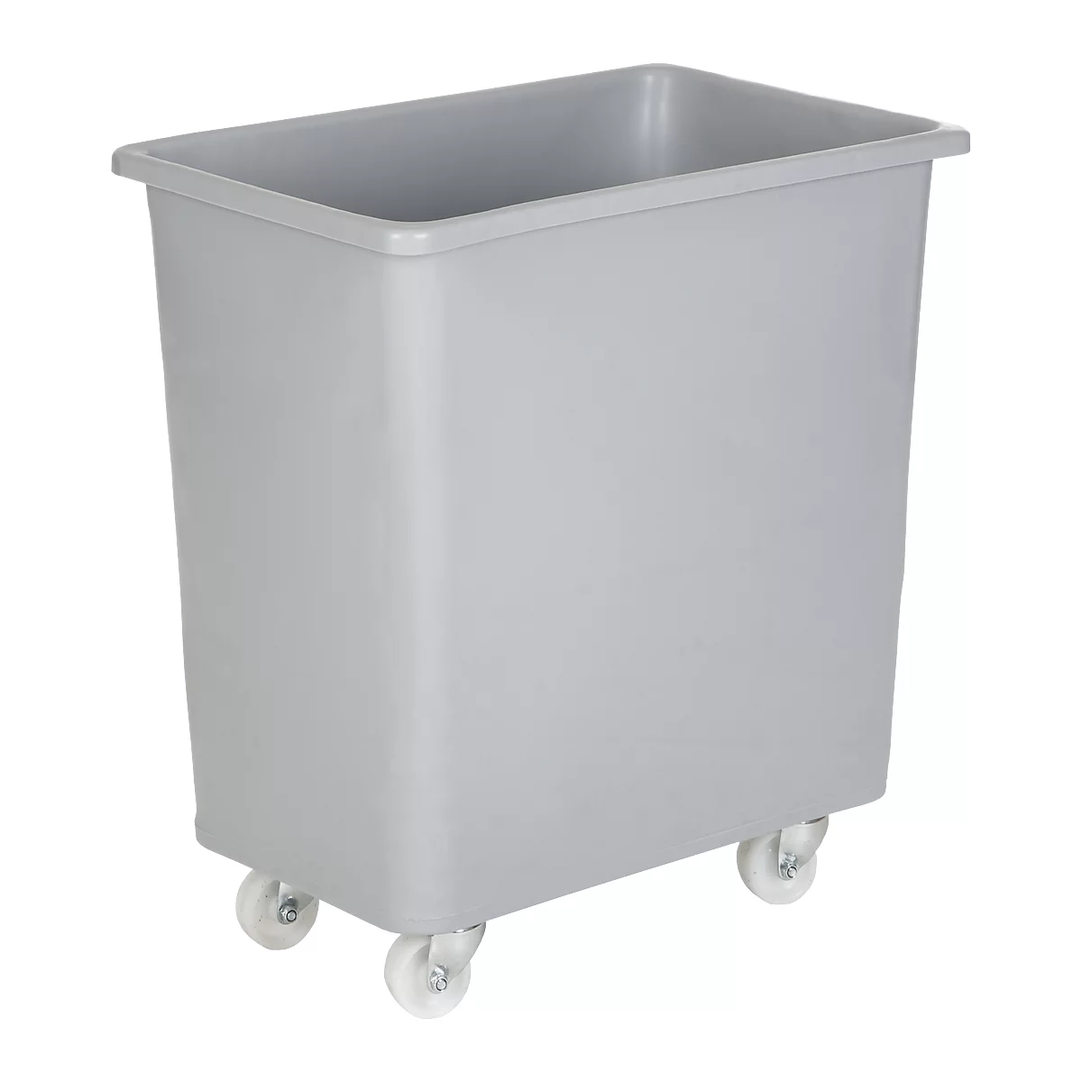 Gray, rectangular transport box with wheels. Top edge with a small border. Box stands on four small wheels.