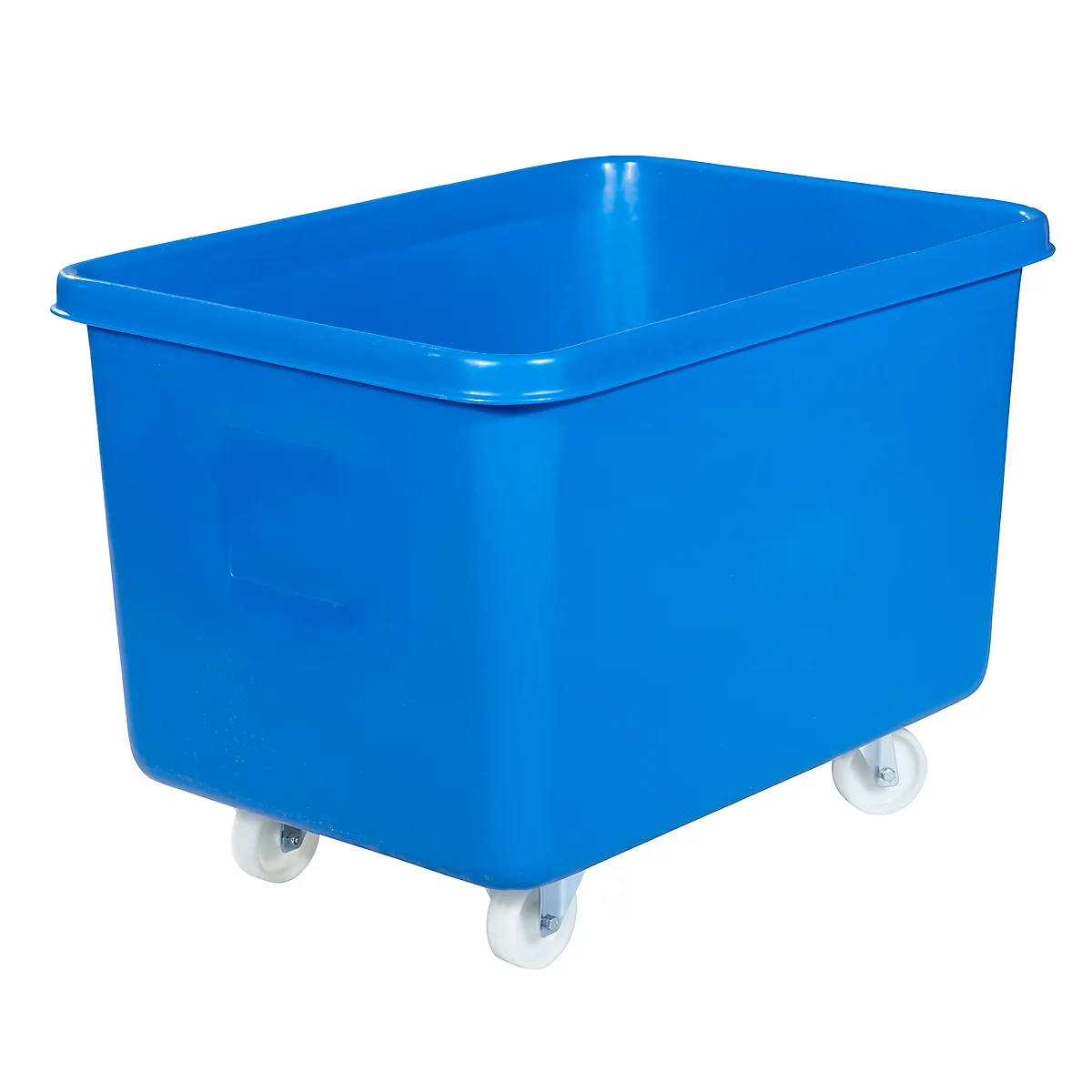 Blue transport box on wheels. Rectangular shape, open top.