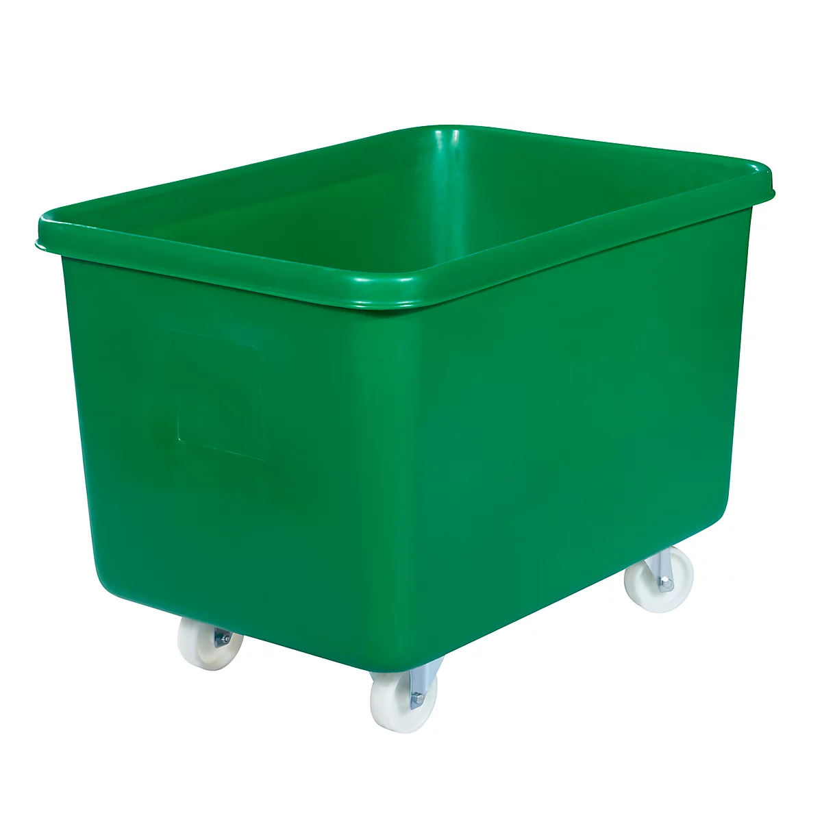 Green transport box with wheels. Rectangular shape, recessed handles on the sides.