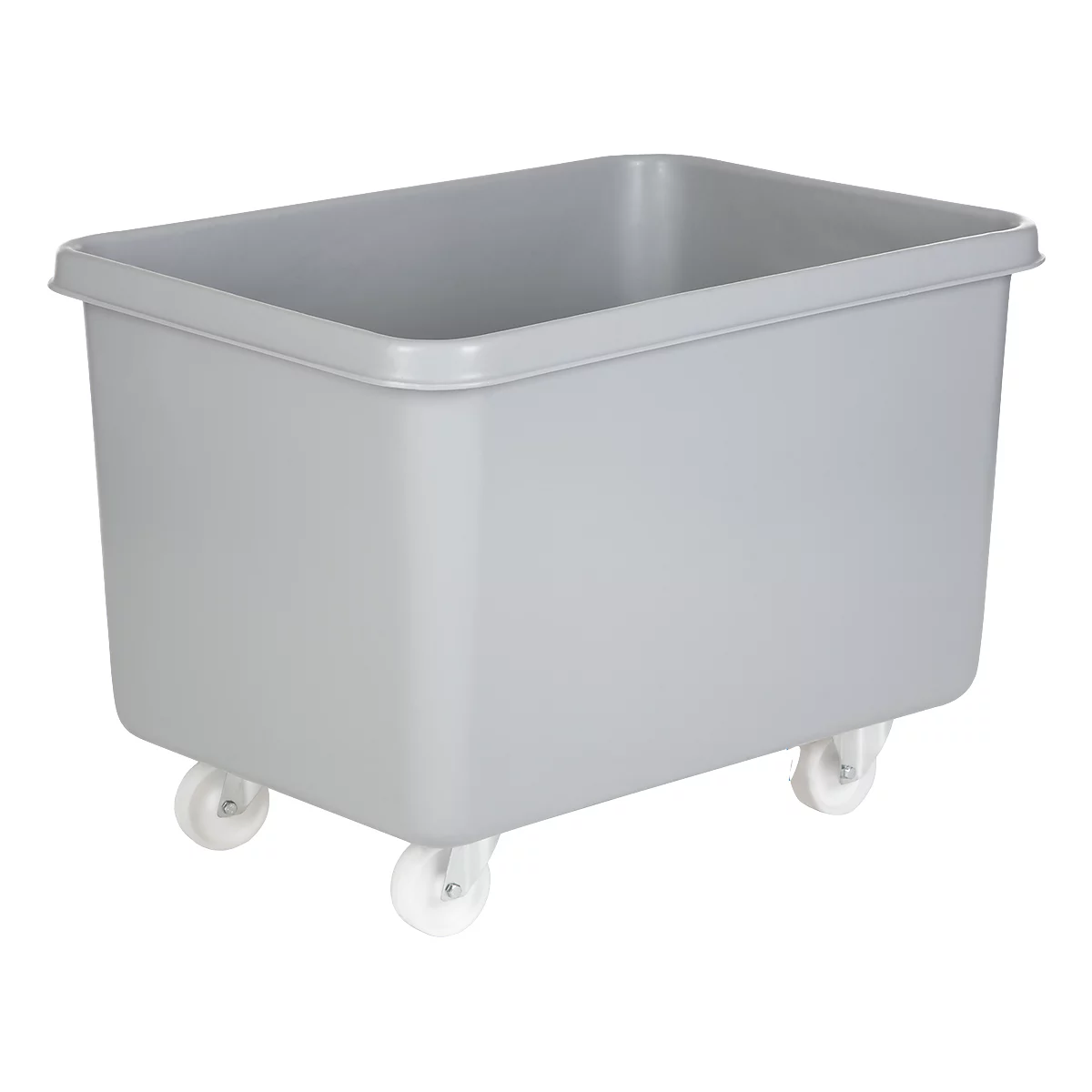 Grey transport container with four wheels.