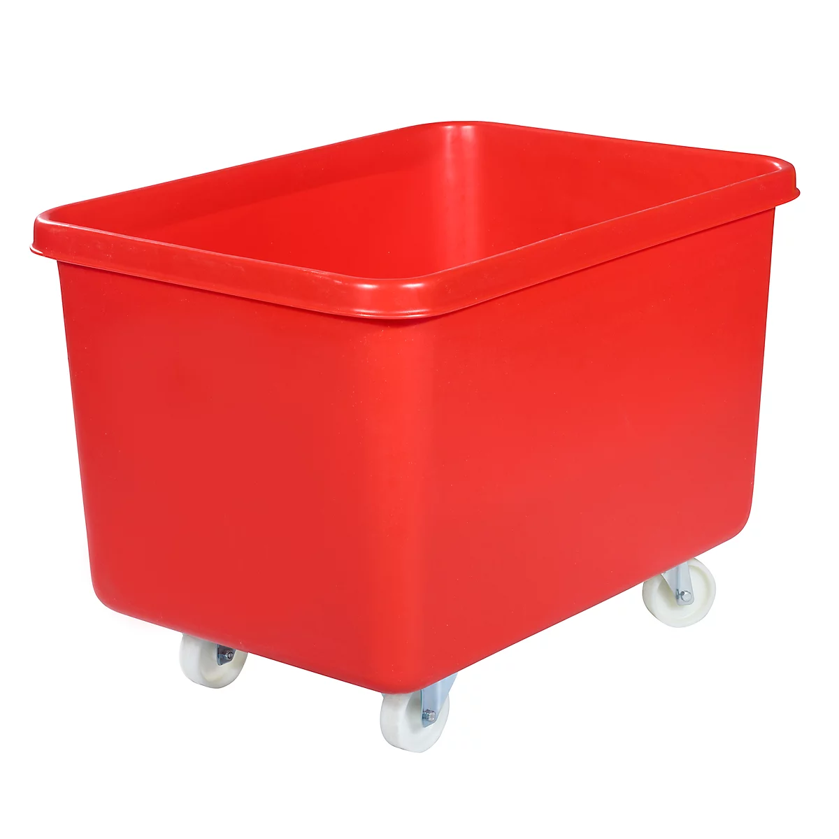 Red plastic box on wheels, rectangular, for storage and transport.