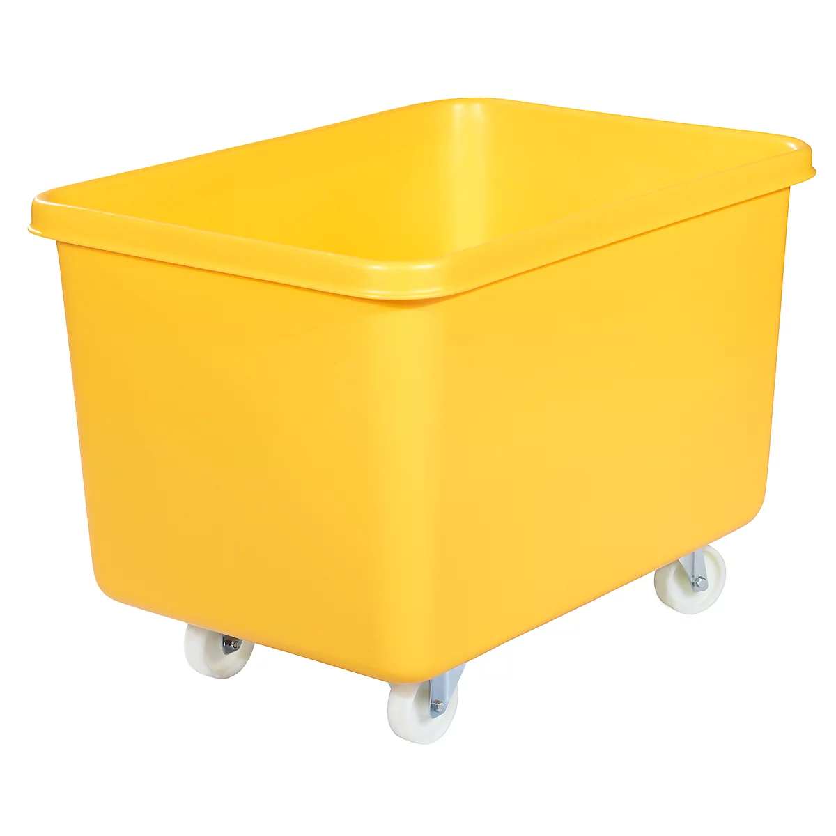 Yellow rectangular transport box with wheels, against white background.