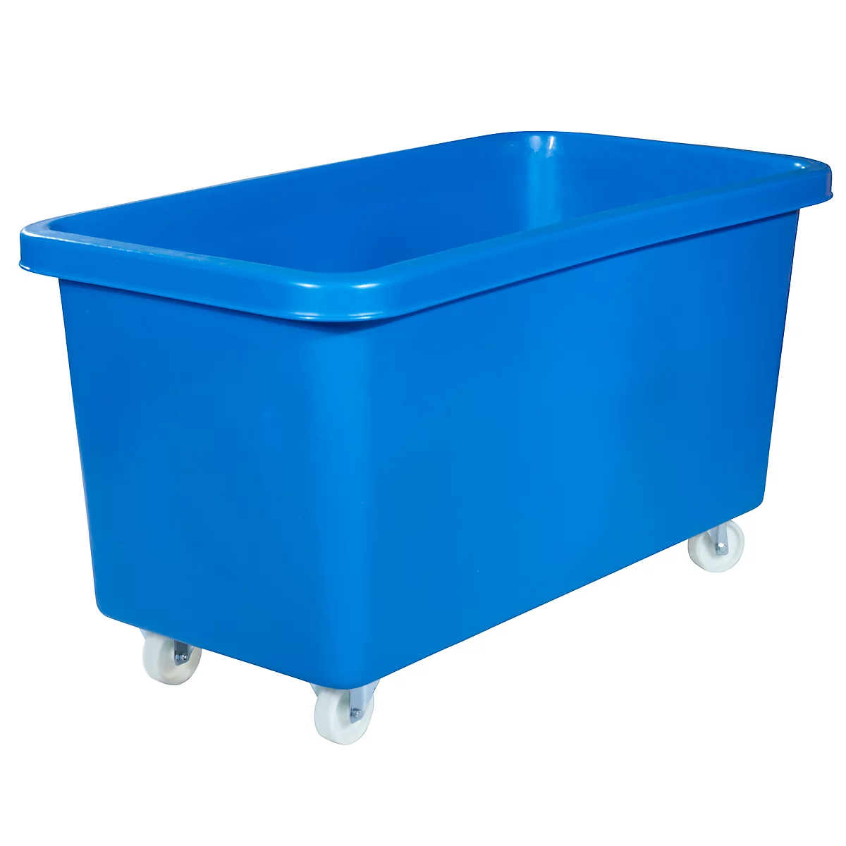 Blue plastic tub on wheels, rectangular, with edge.