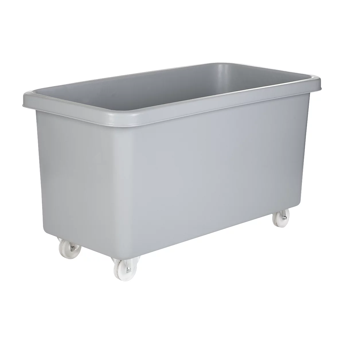 Gray rectangular tub on wheels. The tub has rounded corners and a raised edge.